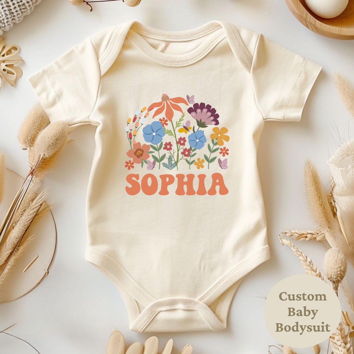 Personalized Bodysuit Baby Custom Gift Retro Wildflower Baby Bodysuit Baby Girl Clothes Boho Baby Shower Gift Girl Baby Girl Outfit Retro Graphic Tee – Premium Graphic · High-Quality Print