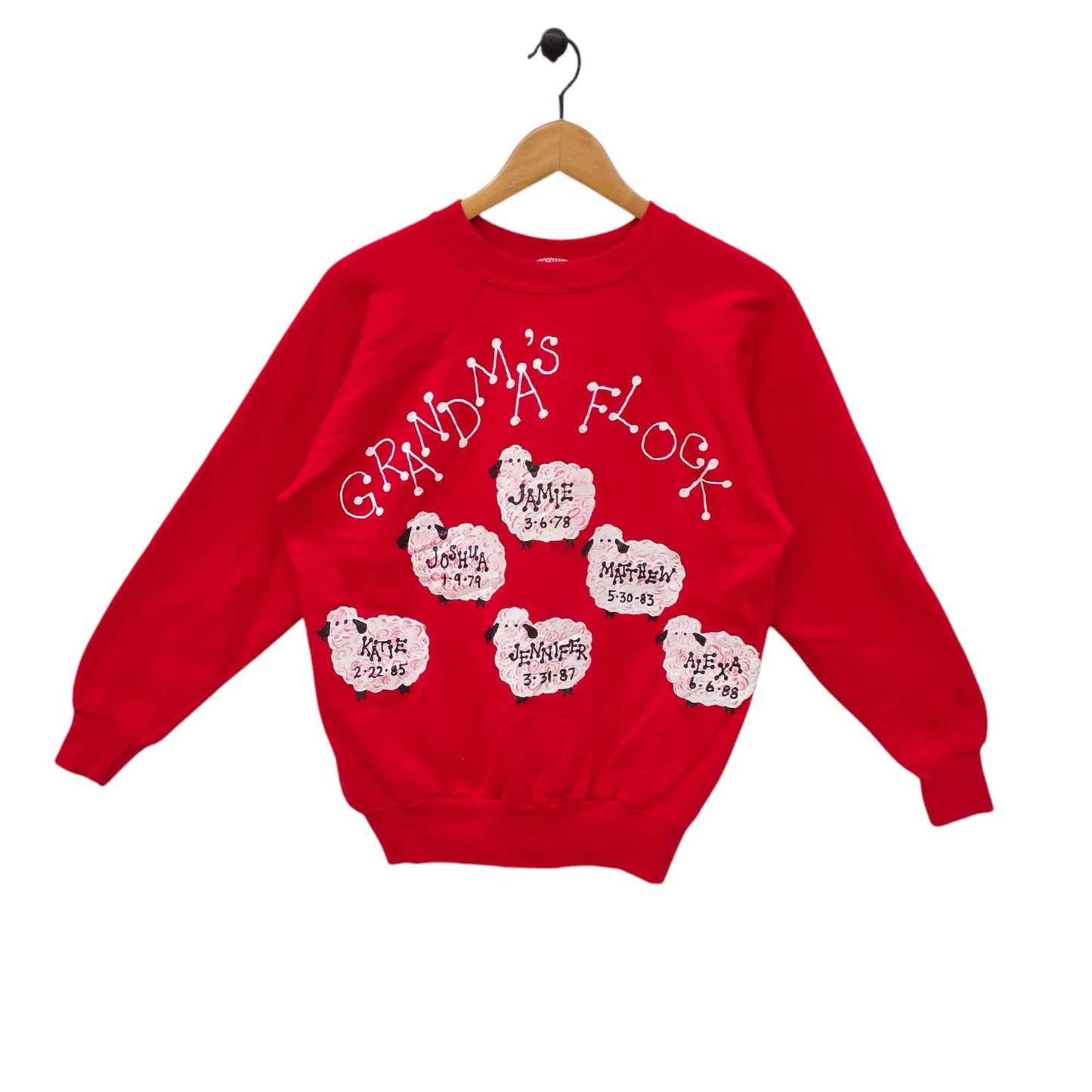 80s Grandma39s Flock Raglan Sweatshirt Vintage Action Made in USA Sweater Jumper Crewneck Red Sweatshirt – Aesthetic Look · Top Pick For Any Outfit
