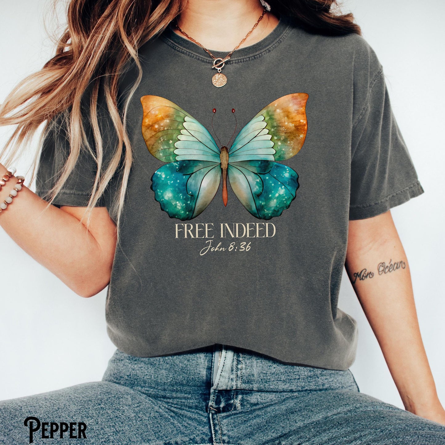 Christian Shirt Free Indeed Christian Butterfly Tee Jesus Vintage Boho Bible Verse Faith Religious Christian Gift Graphic Tee – Soft Feel · High-Quality Print