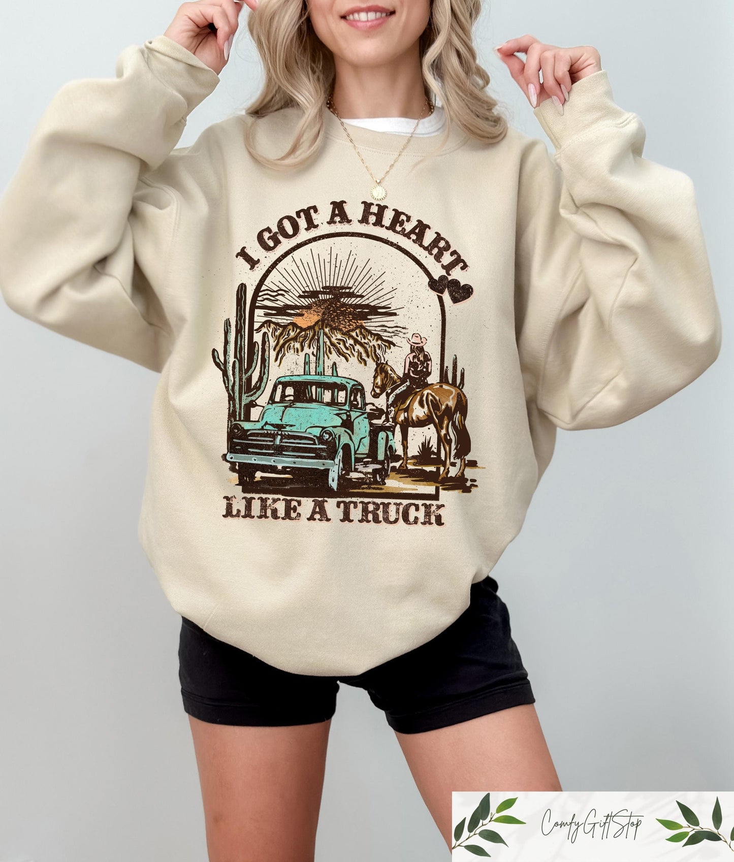 I Got A Heart Like A Truck Sweatshirt Trendy Western T shirt Funny Country Girl Shirt Western Cowgirl Gift Retro Western Cowboy Crewneck Sweatshirt – Fan Favorite · Trending Graphic Apparel