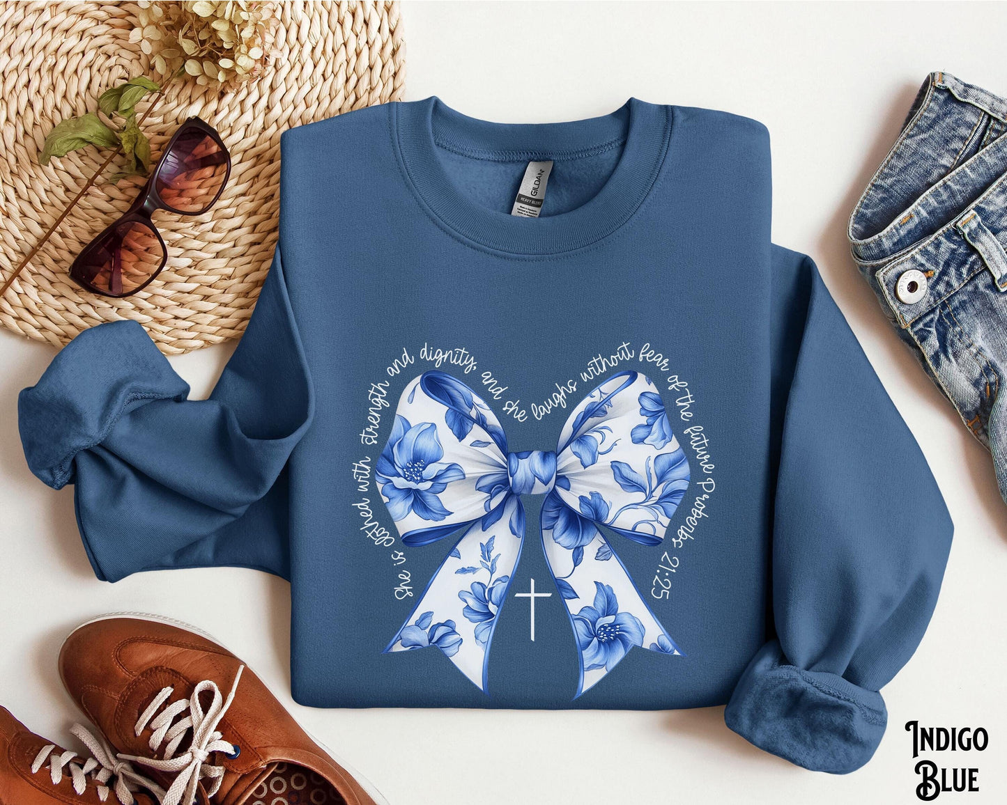 Coquette Christian Sweatshirt Blue Bow Faith Sweater Bible Verse Girly Christian Gift Fleece Religious Women Gift Jesus Apparel Sweatshirt – Everyday Comfort · High-Quality Print