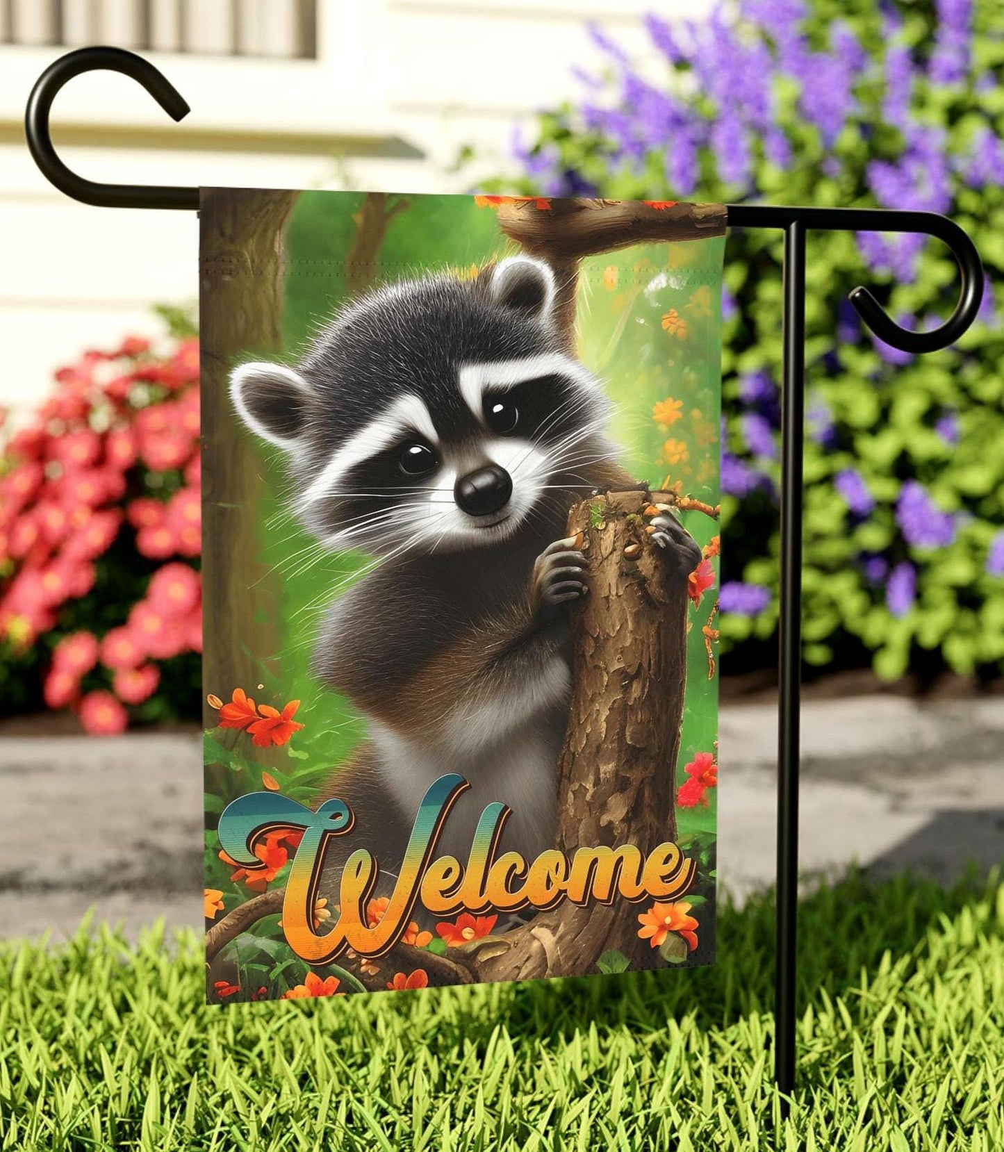 Racoon Welcome Garden Flag Adorable Raccoon Yard Art Welcome Banner Cute Animal Garden Flag Yard and Garden Decor Housewarming Gift Graphic Tee – Soft Feel · Must-Have Style