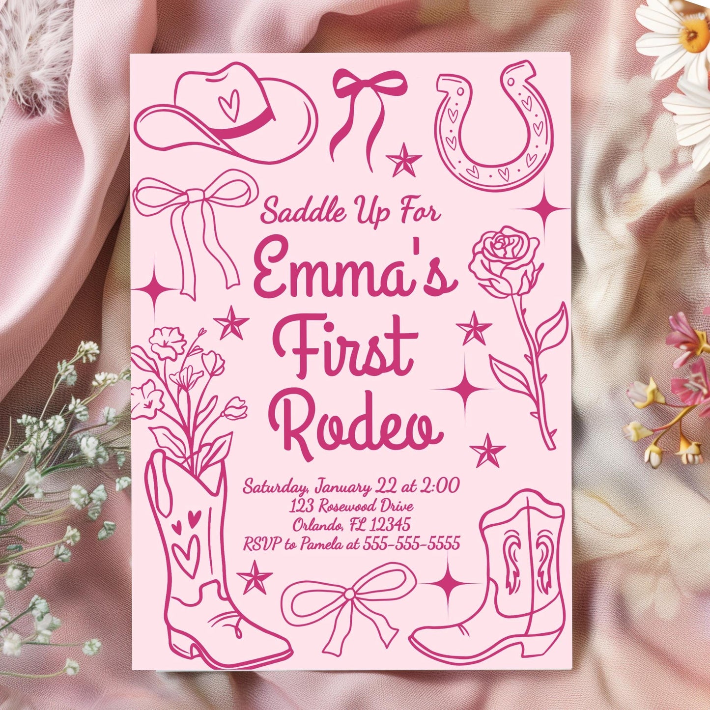 My First Rodeo Invitations Baby Girl First Rodeo Birthday Invite Cowgirl Birthday Western Birthday Pink Cowgirl Party Invitation 1st FRG1 Graphic Tee – Bold Style · Trending Graphic Apparel