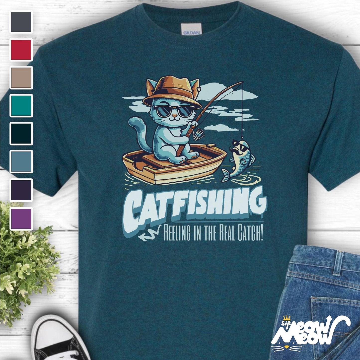 Cat Fishing Unisex Tee Cat Lover Gift Fishing Fan Shirt Funny Graphic T Shirt Cool Cat with Sunglasses Quirky Fish Tee Graphic Tee – Premium Graphic · Trending Graphic Apparel