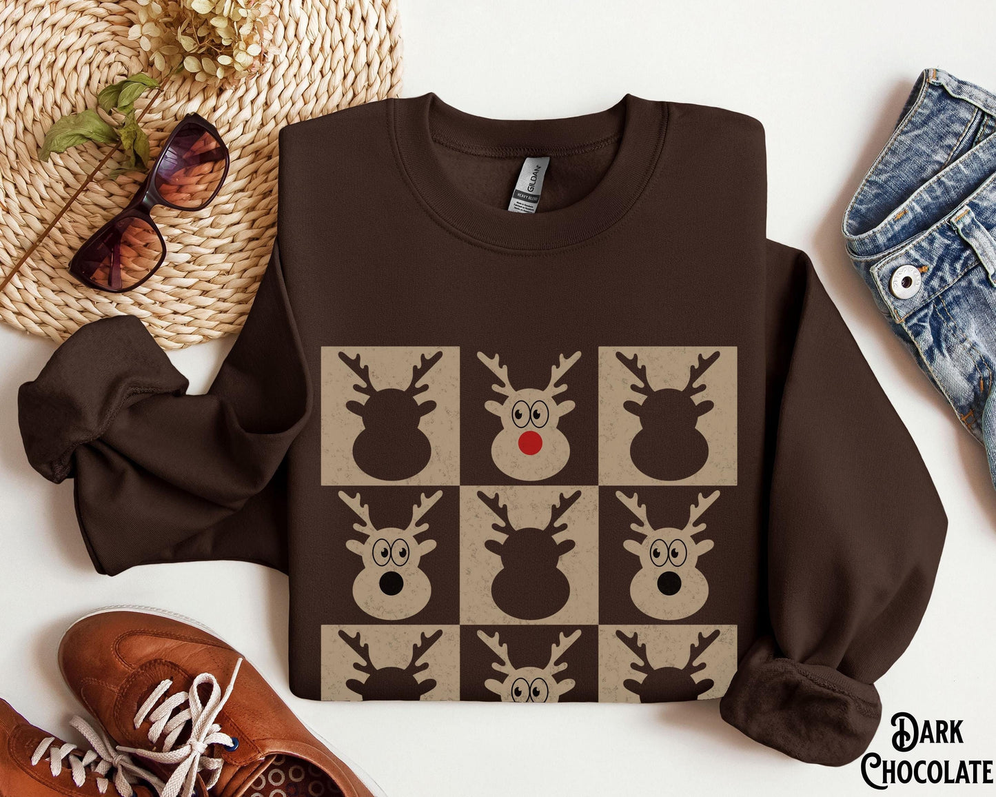 Reindeer Sweatshirt Checkered Rudolph Boho Christmas Vintage Checkerboard Trendy Aesthetic Holiday Sweater Sweatshirt – Feel-Good Design · High-Quality Print