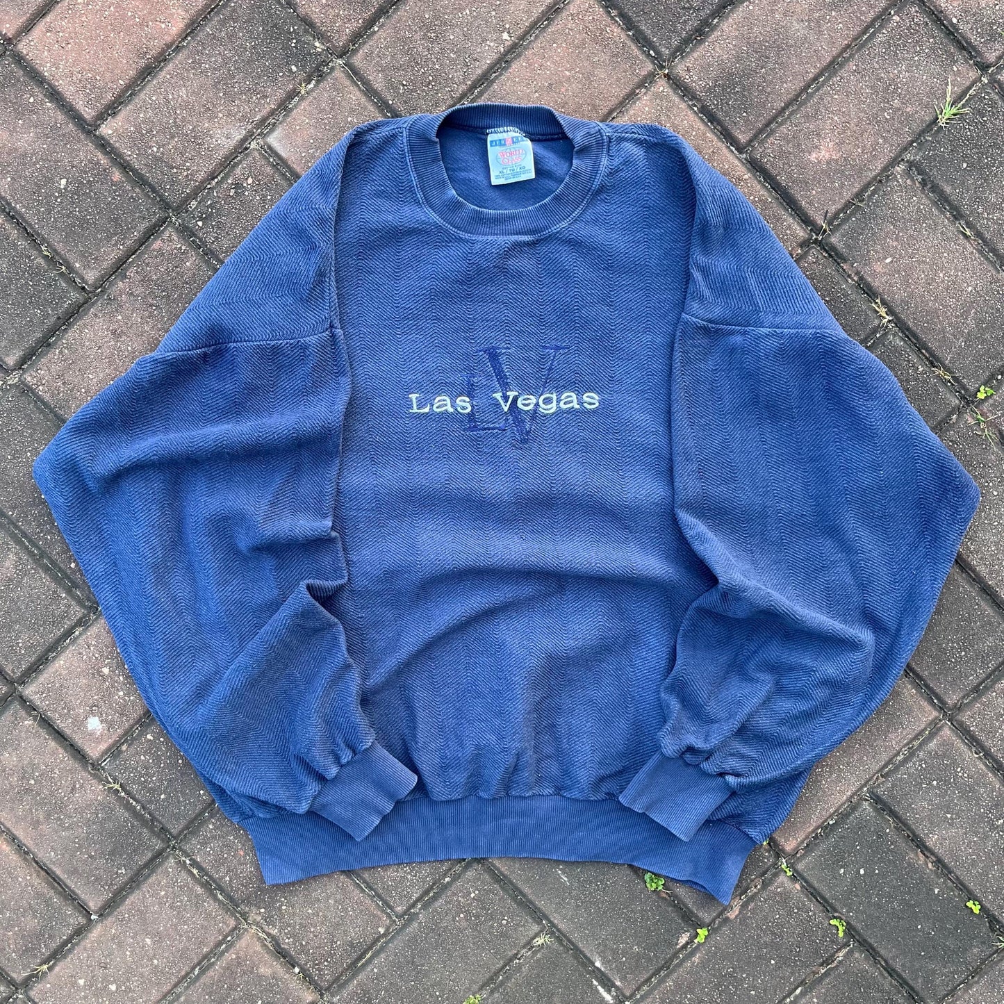Vintage Y2K Jerzees Tag Las Vegas Spellout Big Logo Embroidered Sweatshirt Crewneck Pullover Sweater Las Vegas Colour NavyBlue Size X Large Sweatshirt – Premium Graphic · High-Quality Print