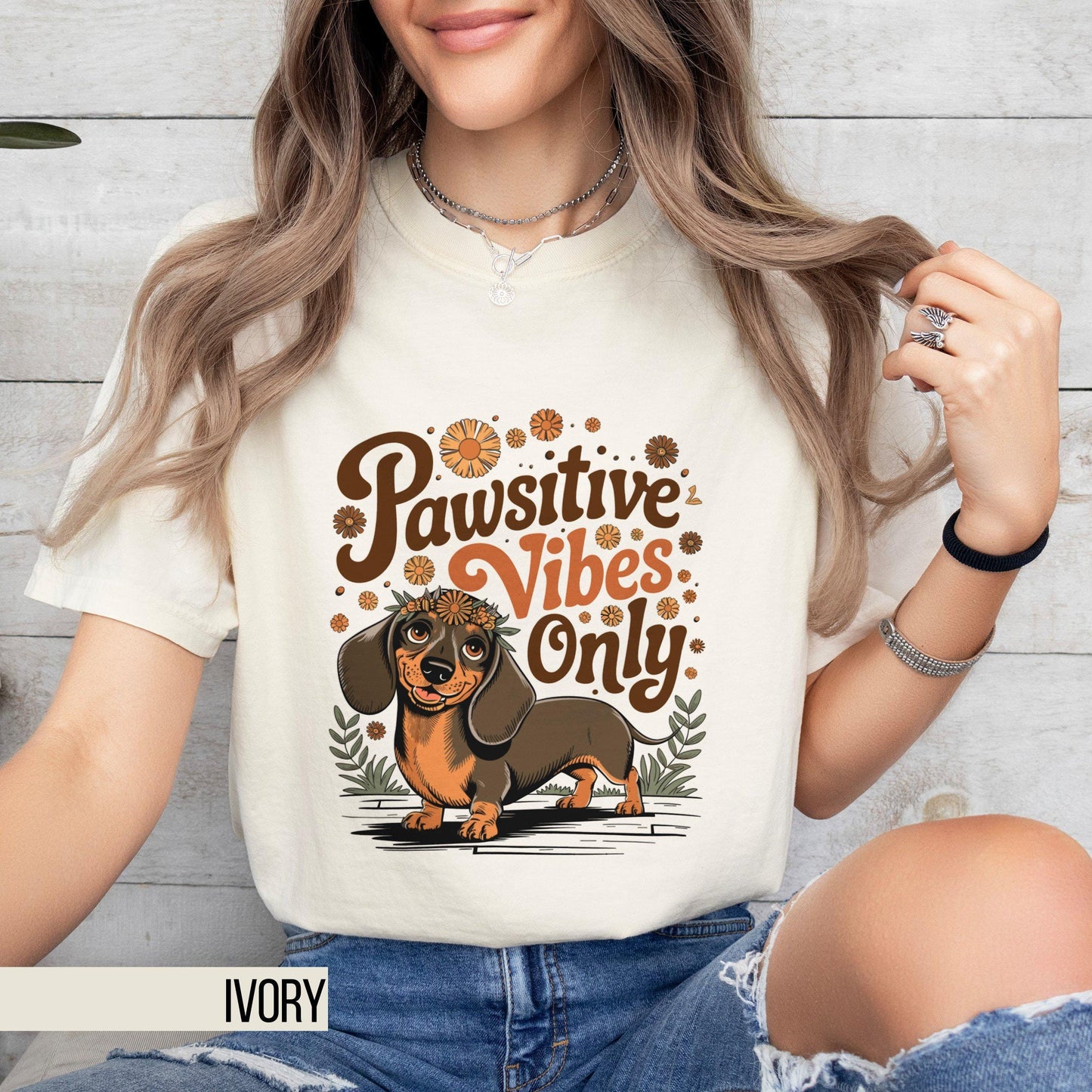 Cute Dachshund Shirt Pawsitive Vibes Tee Adorable Dog Lover Shirt Retro Flower Design Doxie Mom Gift Boho Style Graphic Tee – Bold Style · Must-Have Style