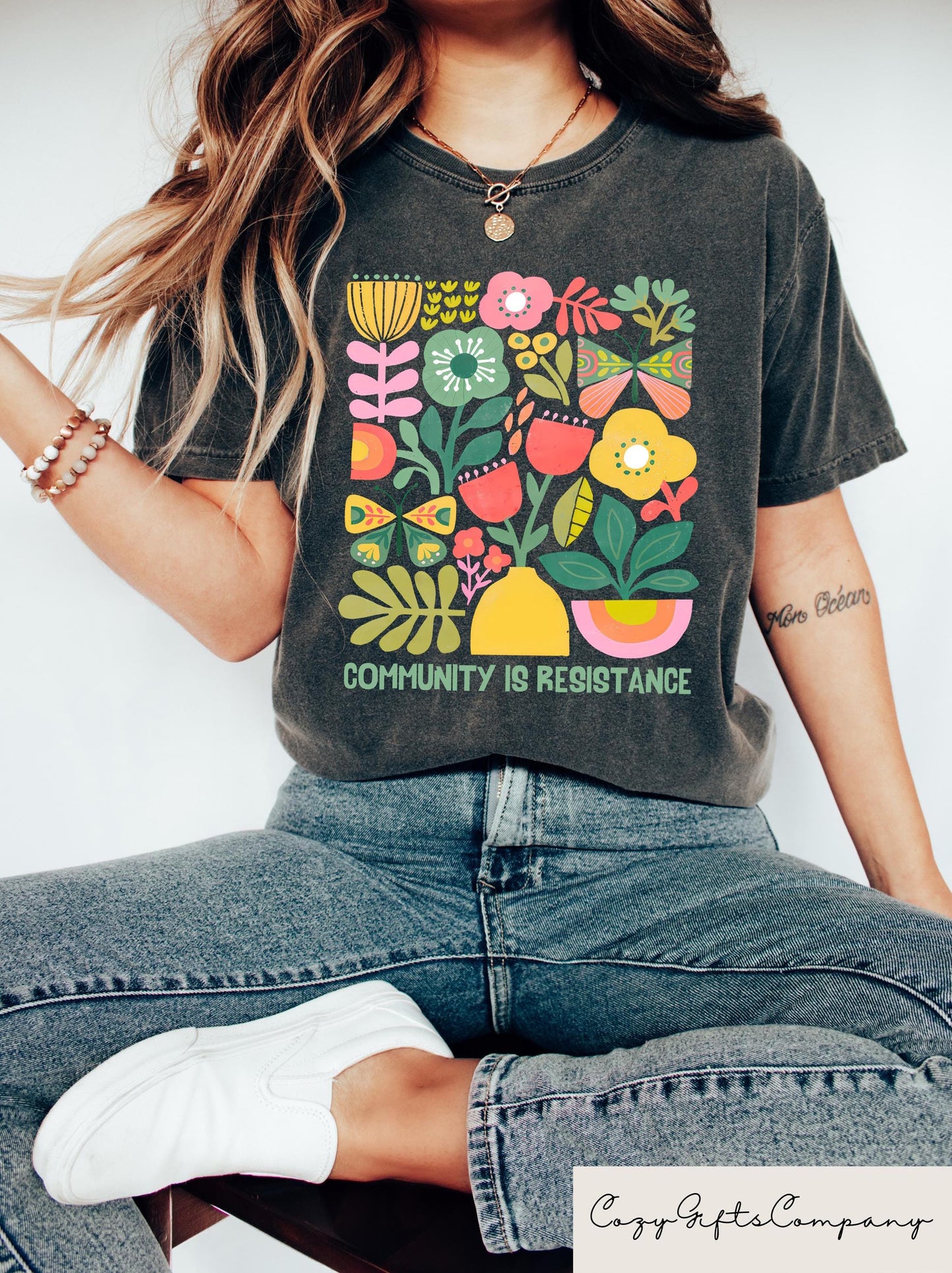 Community Is Resistance Sweatshirt Inspired Women T shirt Floral Political Activism Shirt Anti Fascism Gift Wildflower Mom Crewneck Sweatshirt – Everyday Comfort · Great Gift For Fans