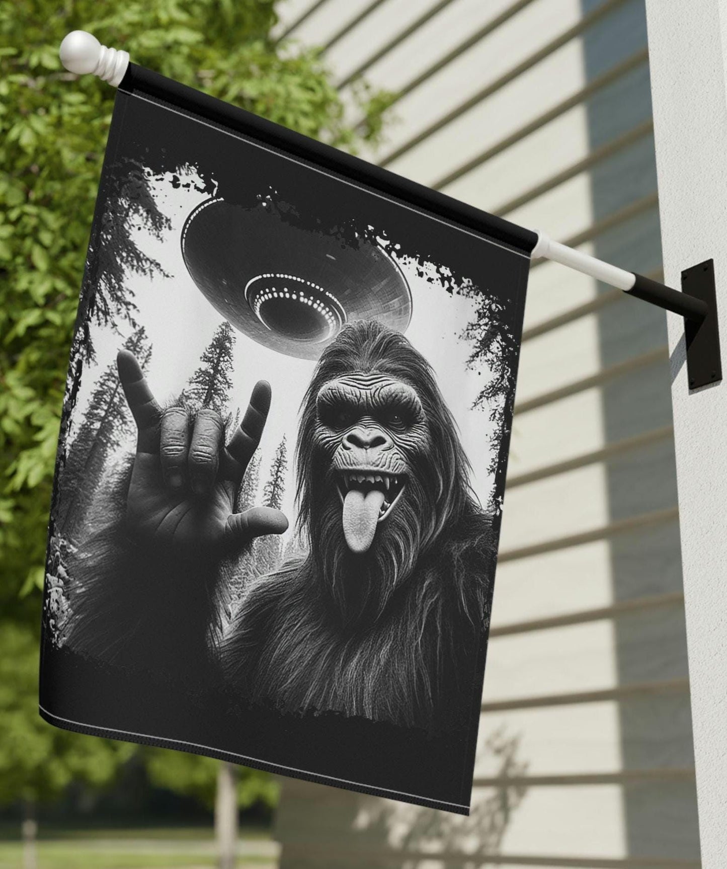 House Banner Bigfoot Sasquatch Alien Flag Outdoor Flag Garden Decoration Cabin RV Decor Unique Home Decor Large Banner Housewarming Graphic Tee – Bold Style · Great Gift For Fans