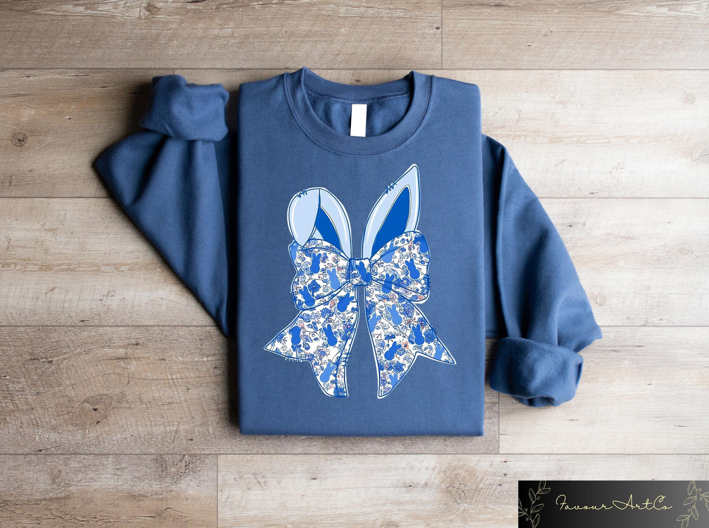 Blue Coquette Easter Sweatshirt Retro Comfort T shirt Floral Chinoiserie Bunny Ear Shirt Easter Matching Gift Coquette Bow Easter Tee Sweatshirt – Bold Style · High-Quality Print