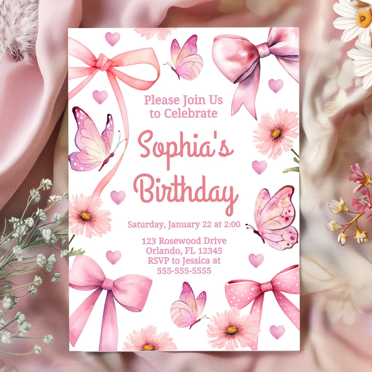 Pink Bow Theme Birthday Invite Pink Bow Birthday Bow Invite Butterfly Invitation Coquette Birthday Invitation Template Girl Birthday BB1 Graphic Tee – Aesthetic Look · Perfect For Daily Wear