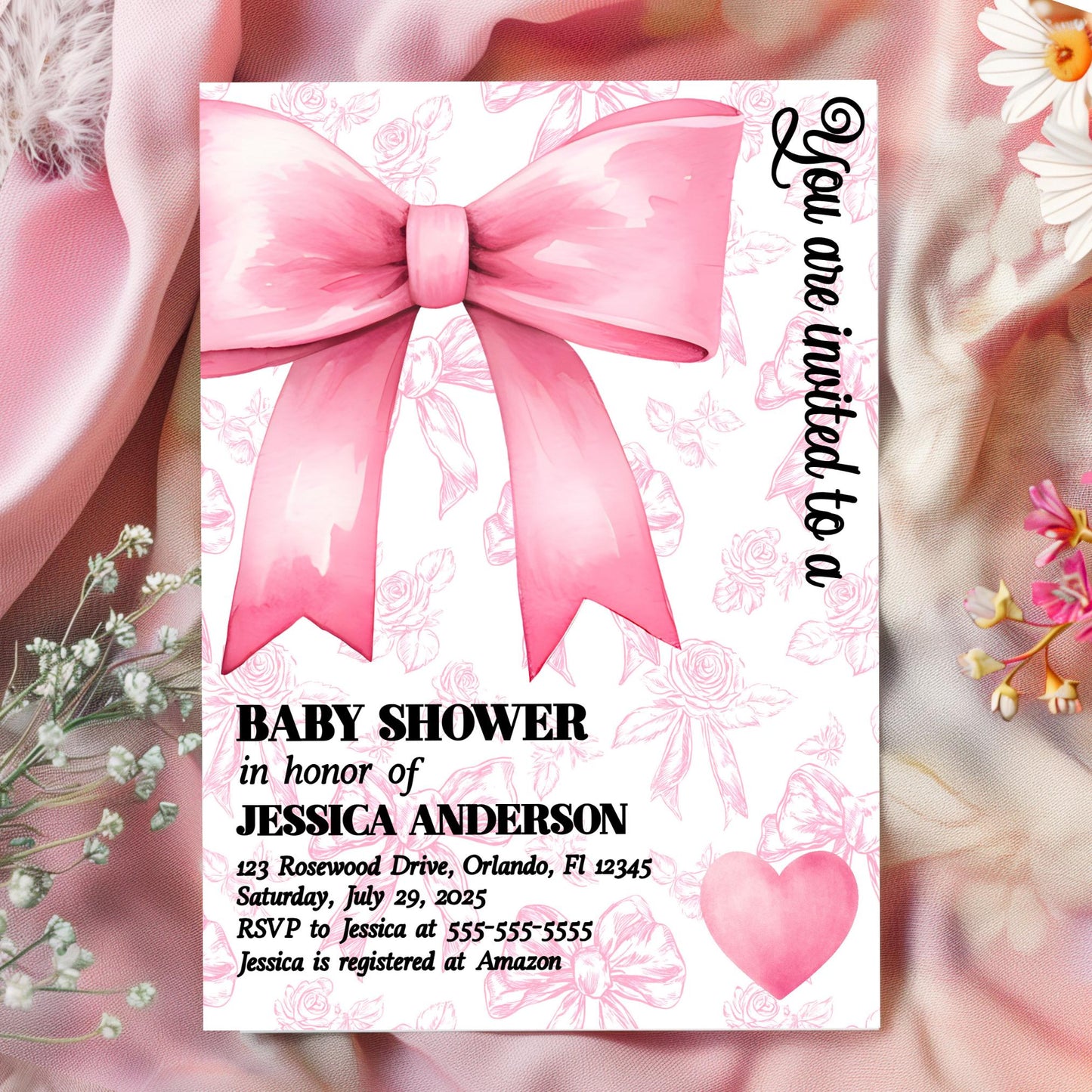 Pink Bow Baby Shower Invitation Template Printable Baby Girl Pink Coquette Baby Shower Invite Baby Shower Invitation Girl Coquette Bow SBB1 Graphic Tee – Everyday Comfort · Trending Graphic Apparel