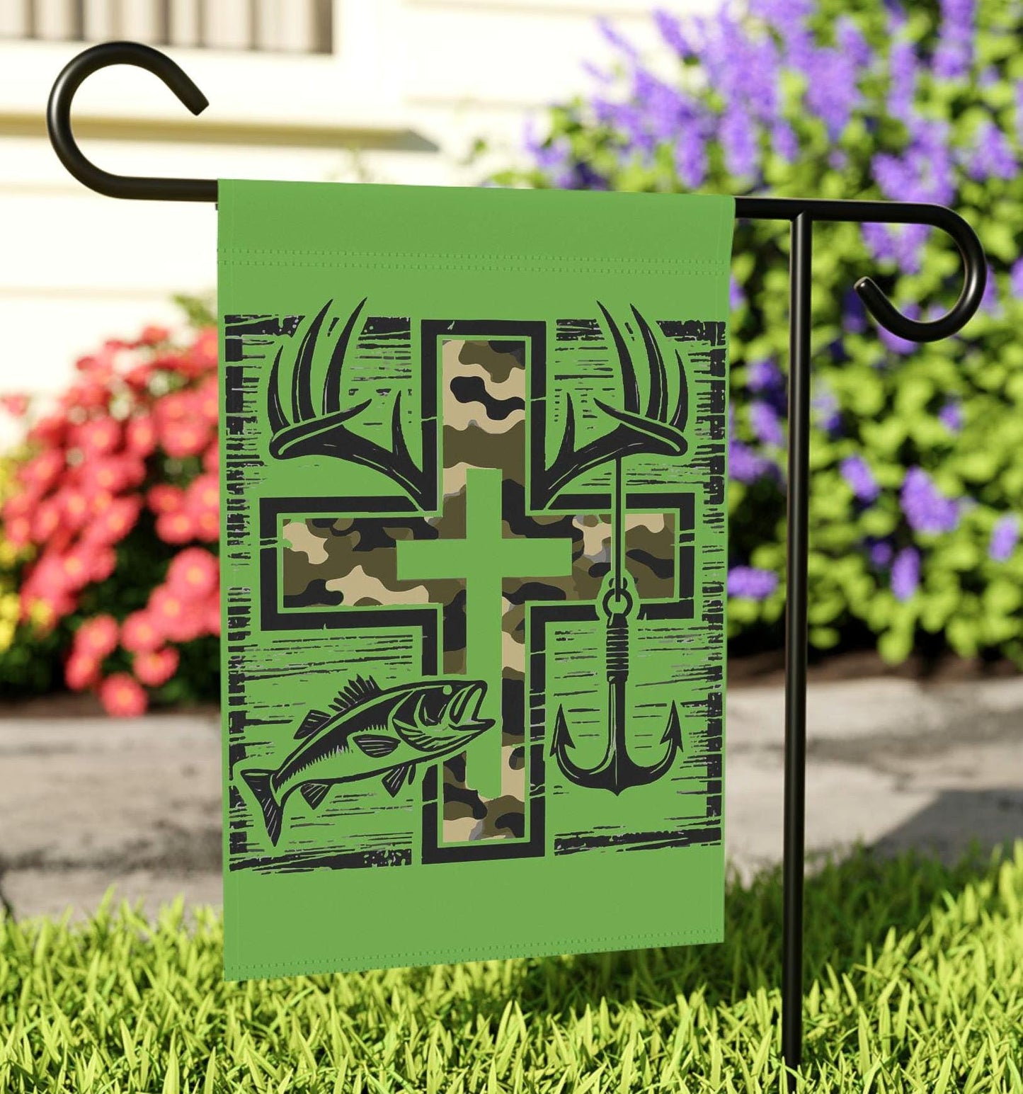 Garden Banner Christian Hunting Fishing Outdoor Religious Yard Decor Garden Flag Faith Based Banner Summer BBQ Decor Housewarming Gift Graphic Tee – Fan Favorite · Must-Have Style