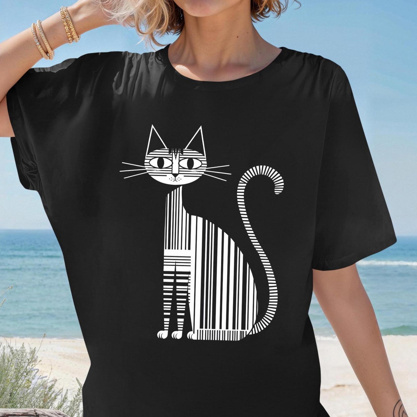 Funky Retro Cat T Shirt Striped Cat Graphic Tee Black and White Cat Shirt Modern Cat Design Animal Print T Shirt Cool Hip Cat Tee Graphic Tee – Premium Graphic · Must-Have Style