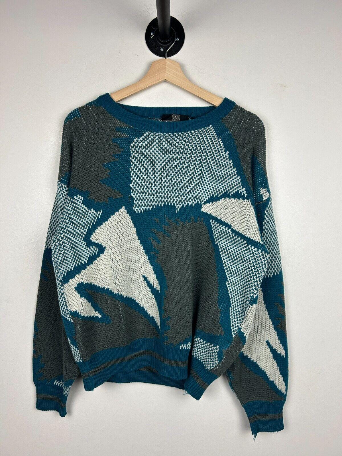 Vintage 90s Jonathan Bryan Blue Grey Pattern Knit Sweater Size M Graphic Tee – Soft Feel · Must-Have Style
