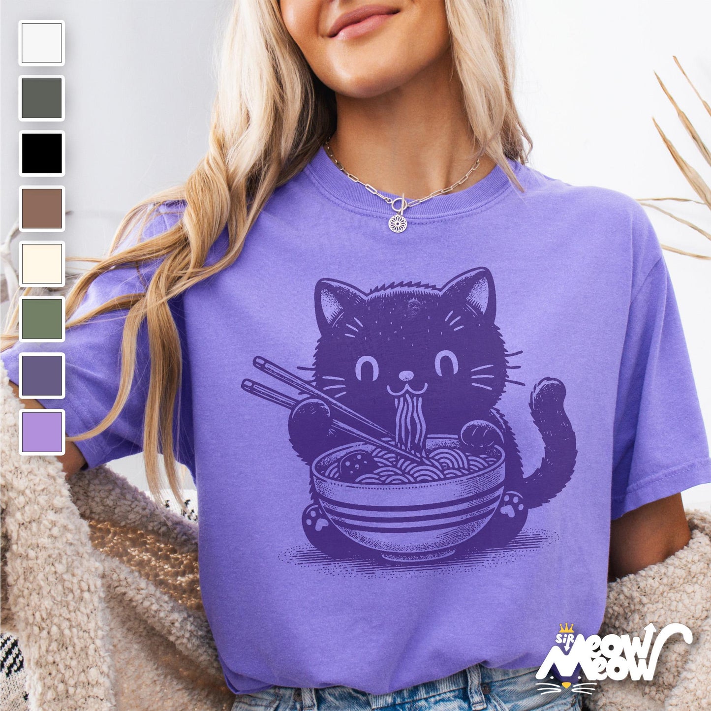 Cute Cat Eating Ramen T Shirt 1717 Funny Kawaii Cat Noodles Tee Gift for Cat Lovers Ramen Fans Graphic Tee – Easygoing Wear · High-Quality Print
