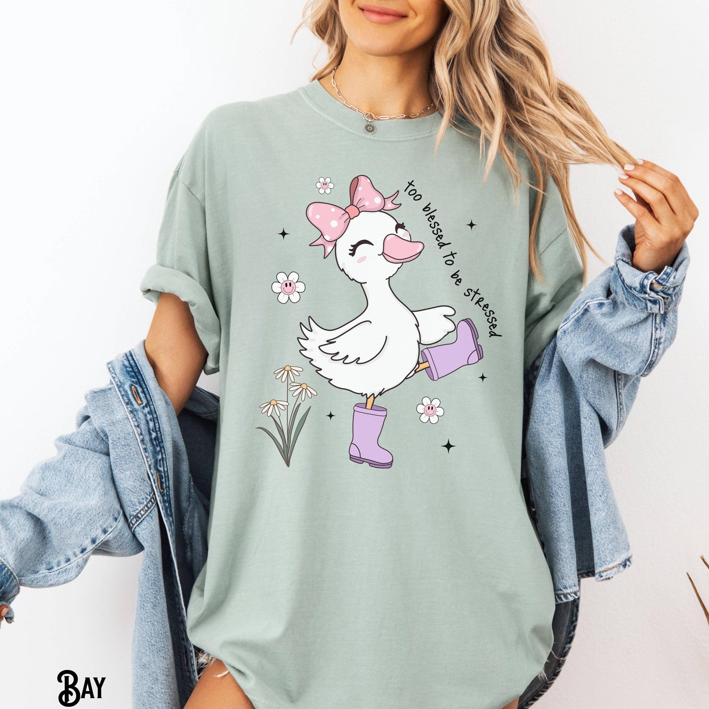 Christian Shirt Too Blessed To Be Stressed Cute Goose T Shirt Spring Joy Flowers Faith Religious Inspirational Gift Graphic Tee – Aesthetic Look · Perfect For Daily Wear