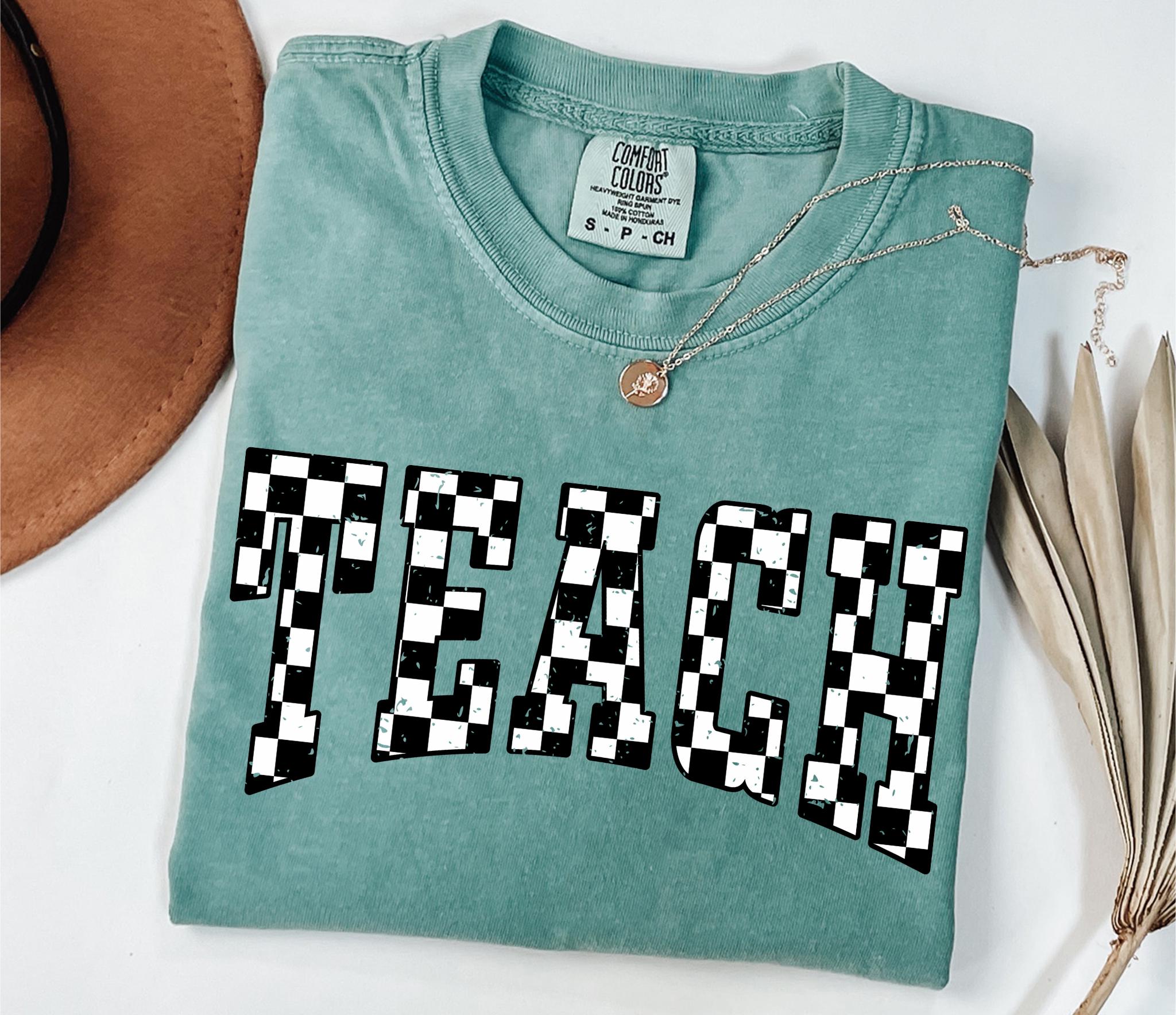 Checkered Teach Shirt Gift for TeacherRetro Teach TeeTeacher Appreciation Women t shirtsTeacher GiftCute teacher shirt Graphic Tee – Cozy Vibes · Perfect For Daily Wear