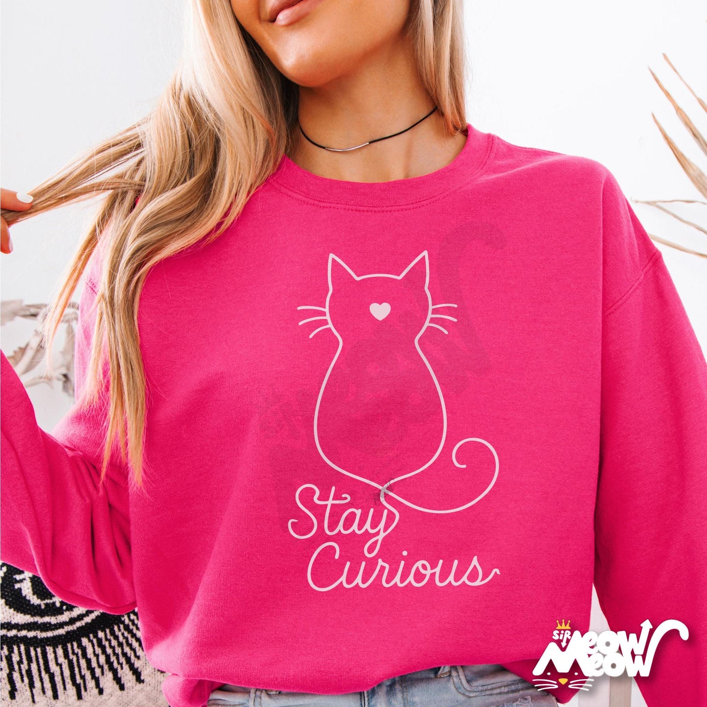Stay Curious Cat Sweatshirt Cute Minimalist Kitty Crewneck Inspirational Cat Lover Gift Cozy Unisex Pullover Sweatshirt – Cozy Vibes · Top Pick For Any Outfit