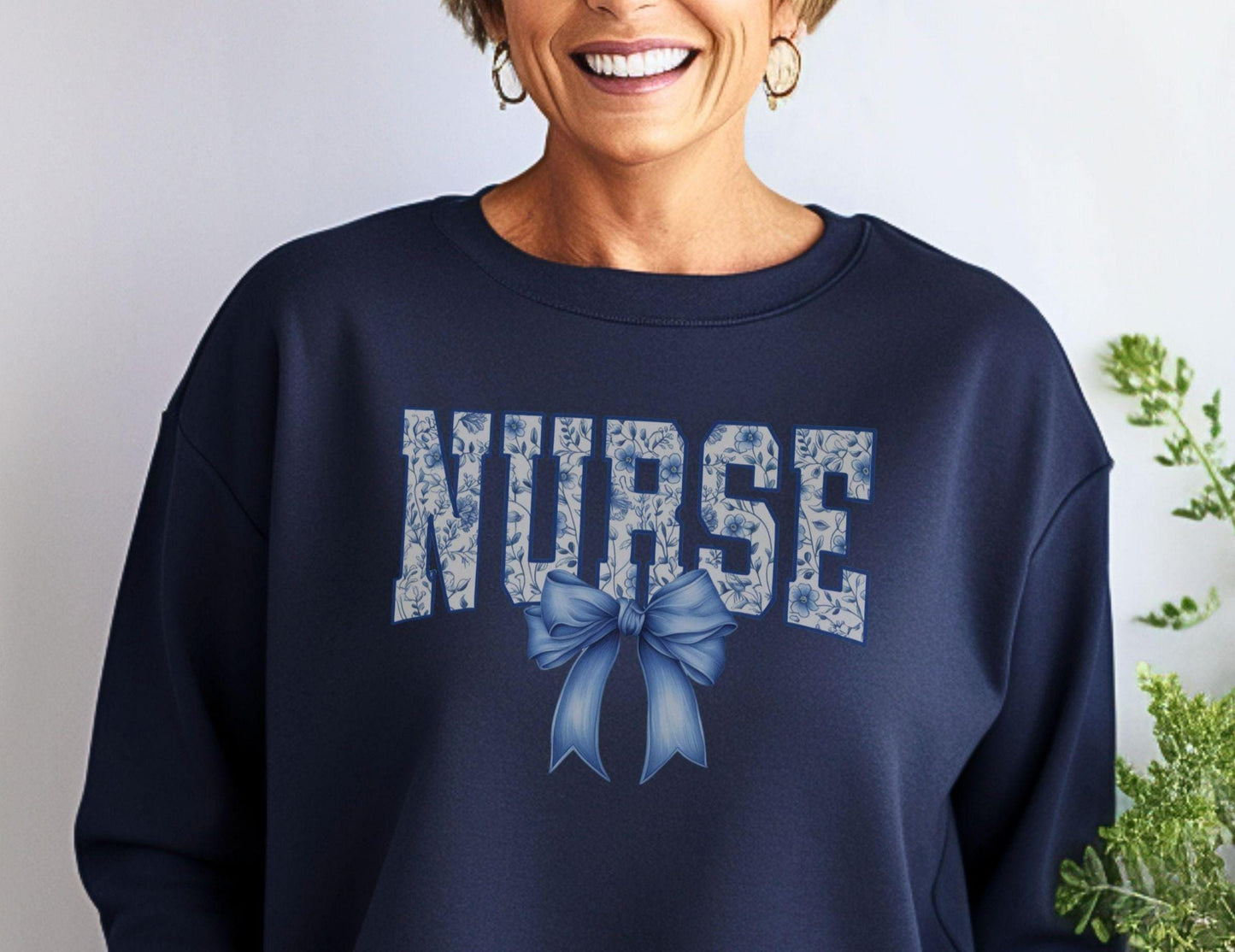 Nurse Sweatshirt Blue Toile Coquette Bow Nurse Shirt Nurse Appreciation Week GIft Floral Nurse Crewneck Sweatshirt – Easygoing Wear · Perfect For Daily Wear