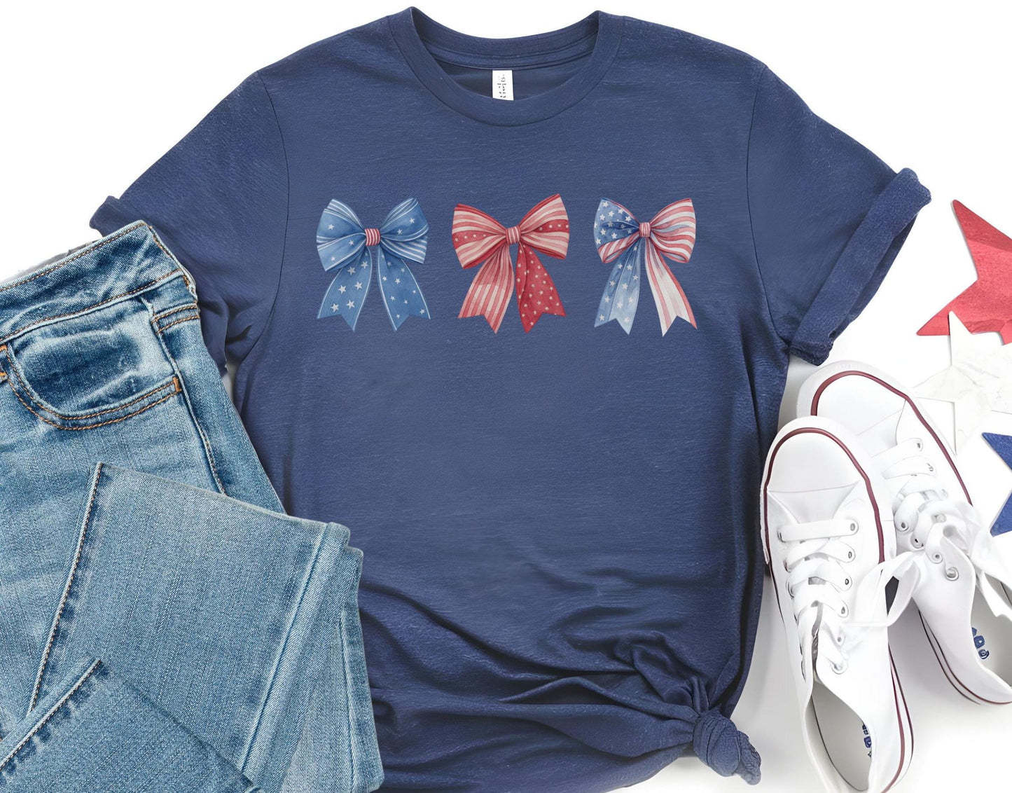 4th of July Bow Shirt Red White Blue Coquette Bows TShirt Perfect for Independence Day 4th July Tee Gift Idea Graphic Tee – Aesthetic Look · Trending Graphic Apparel
