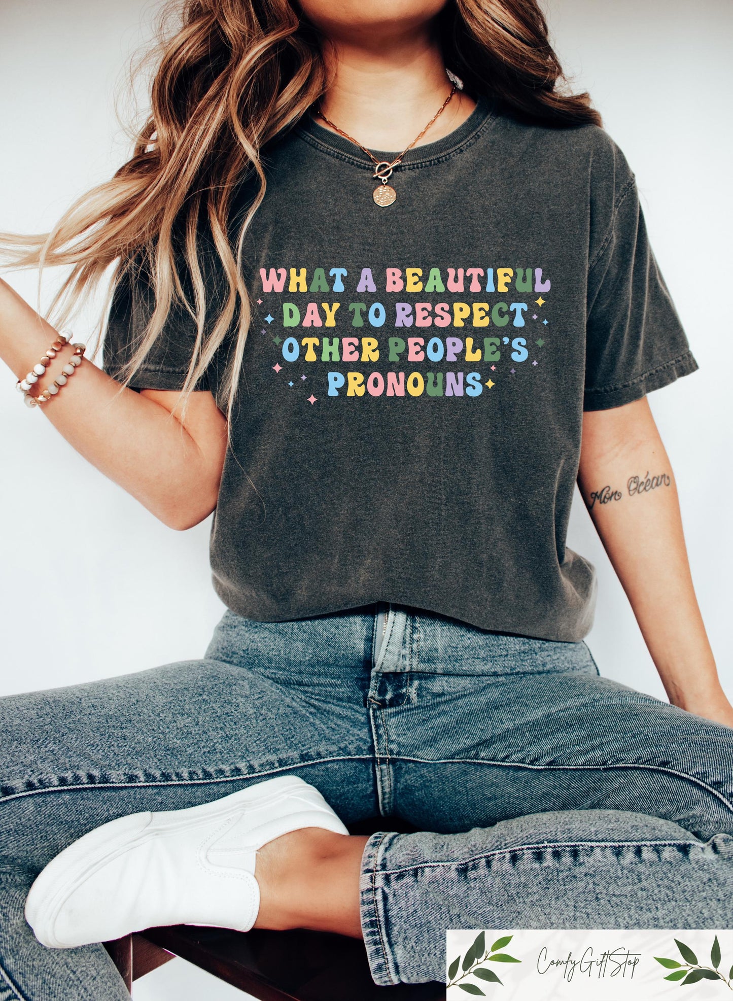 What A Beautiful Day To Respect Other People39s Pronouns Shirt Gay Rights T Shirt LGBTQ Pride Gift Retro Lesbian Crewneck Equality Tee Graphic Tee – Aesthetic Look · Trending Graphic Apparel