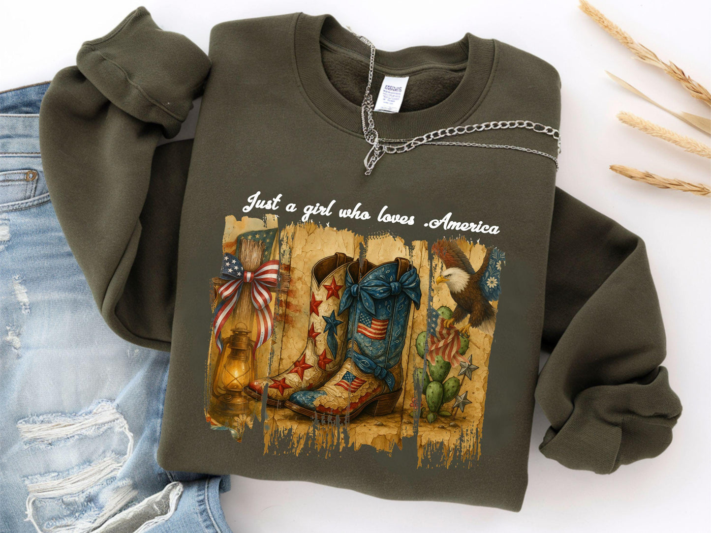 Just a Girl Who Loves America Sweatshirt America Western Shirt 4th Of July Tee Cowgirl USA Hoodie Memorial Day Hoodie Coquette Cowgirl Hoodie – Everyday Comfort · High-Quality Print