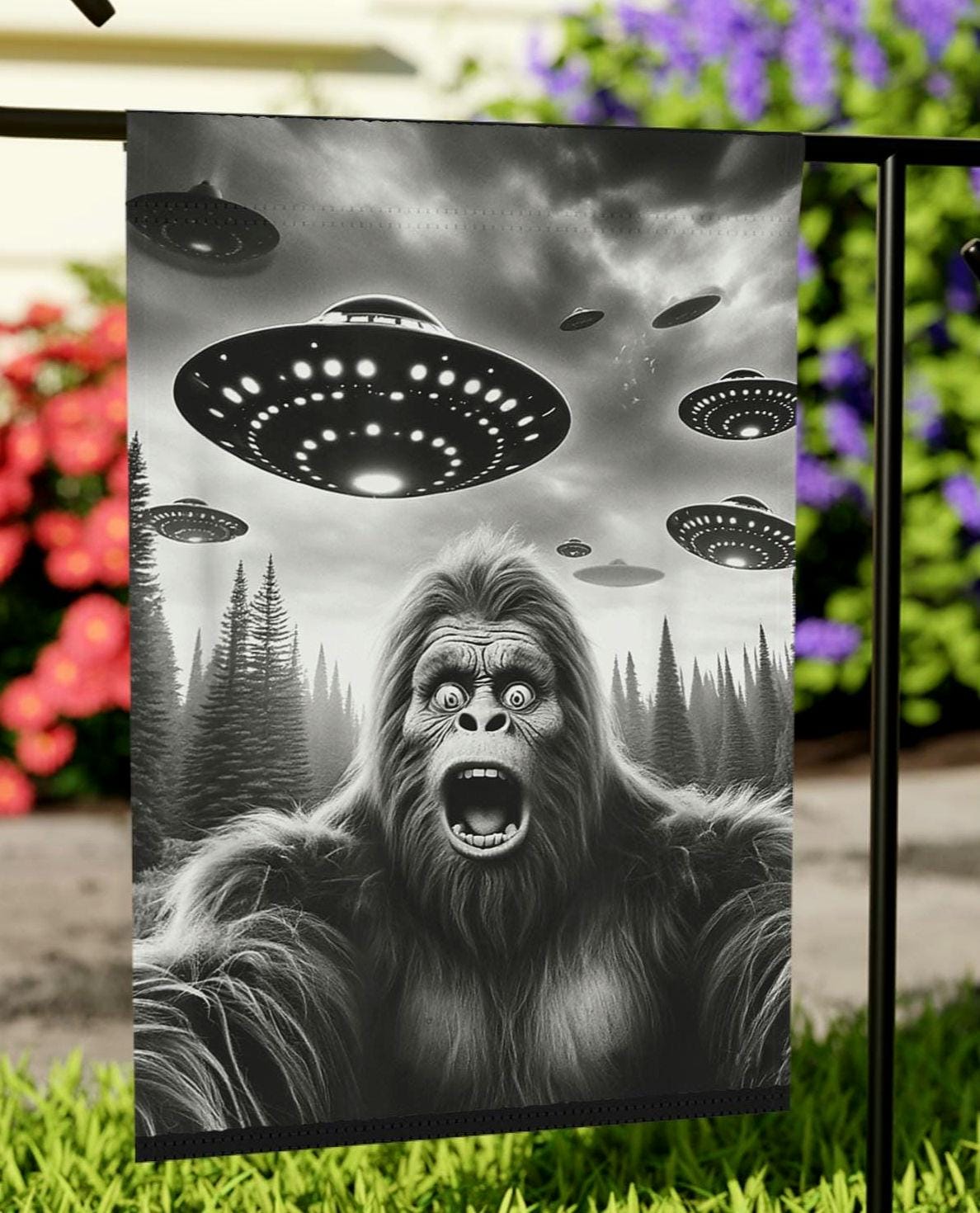 Garden Flag Bigfoot Alien Garden Banner for Cryptid Sasquatch Enthusiasts Outdoor Decor Yard Art Camping Flag Funny Housewarming Gift Graphic Tee – Feel-Good Design · Top Pick For Any Outfit