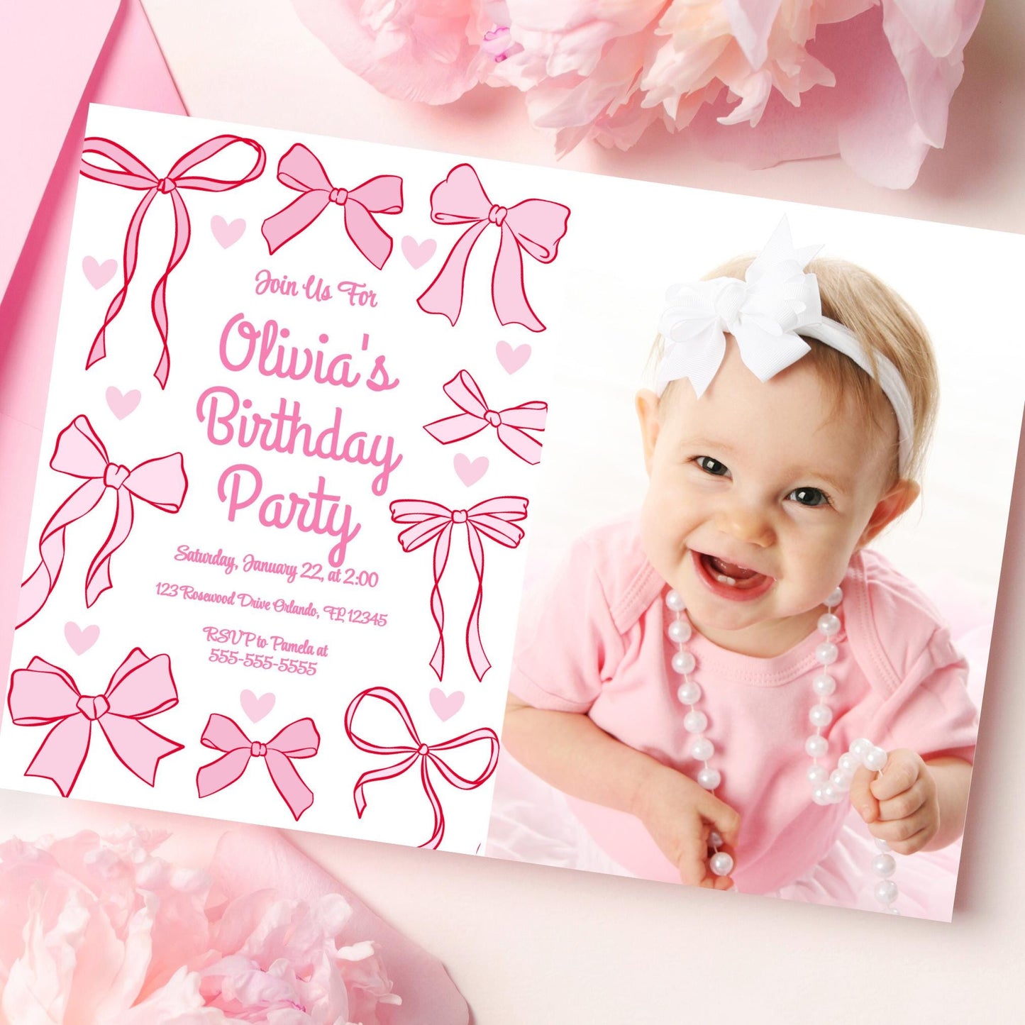 Editable Bow Birthday Invitation with Picture Invitation Template Coquette Invitation Custom Invitation Birthday Invite with Photo Pink BB3 Graphic Tee – Bold Style · Great Gift For Fans