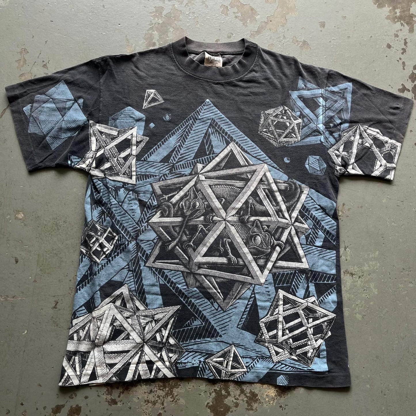 Vintage 90s MC Escher Lizard Chameleon Stars AOP Art Shirt Graphic Tee – Fan Favorite · Great Gift For Fans