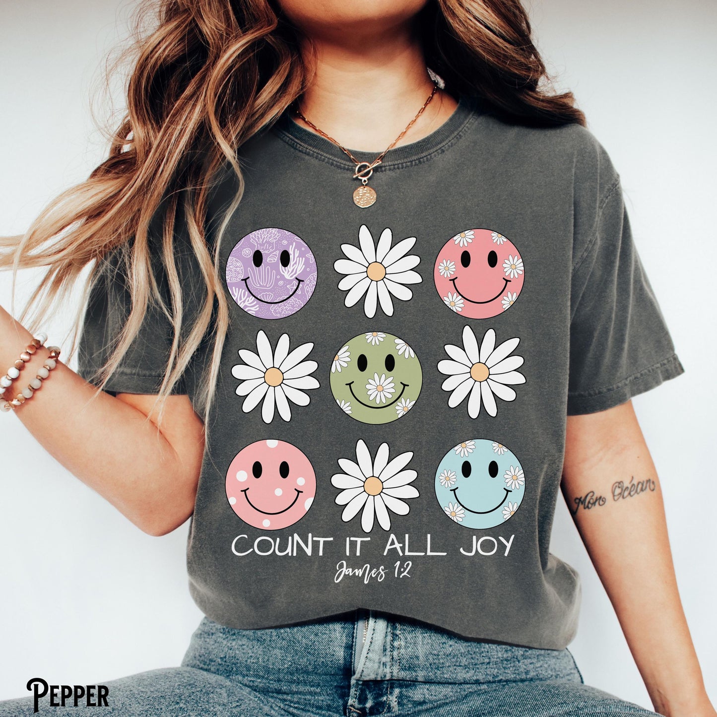Christian Shirt Happy Face Tee Retro Faith T Shirt Count It All Joy Bible Verse Scripture Flowers Religious Gift Graphic Tee – Everyday Comfort · Trending Graphic Apparel