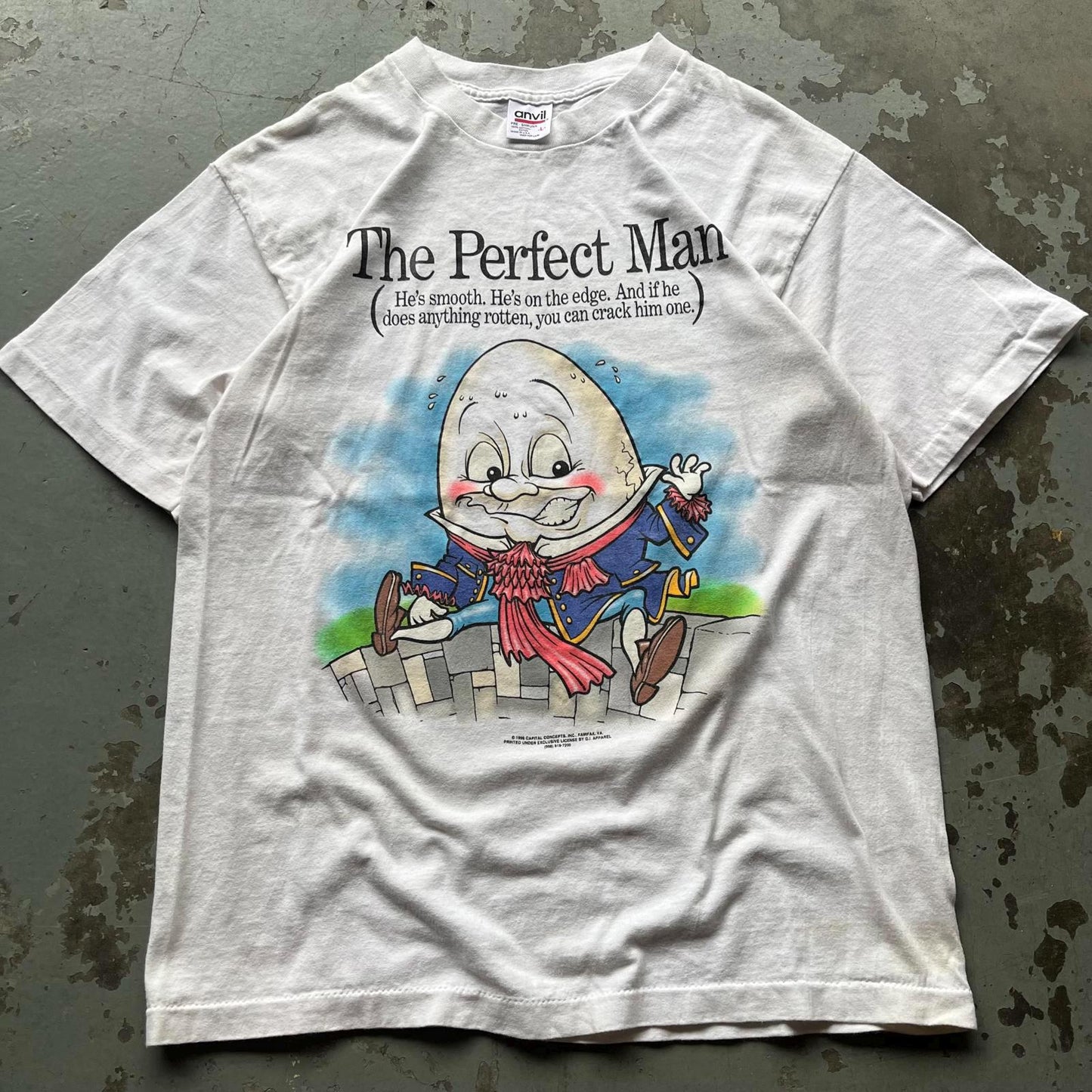 Vintage Rare 90s The Perfect Man Humpty Dumpty Funny Shirt Graphic Tee – Easygoing Wear · Perfect For Daily Wear