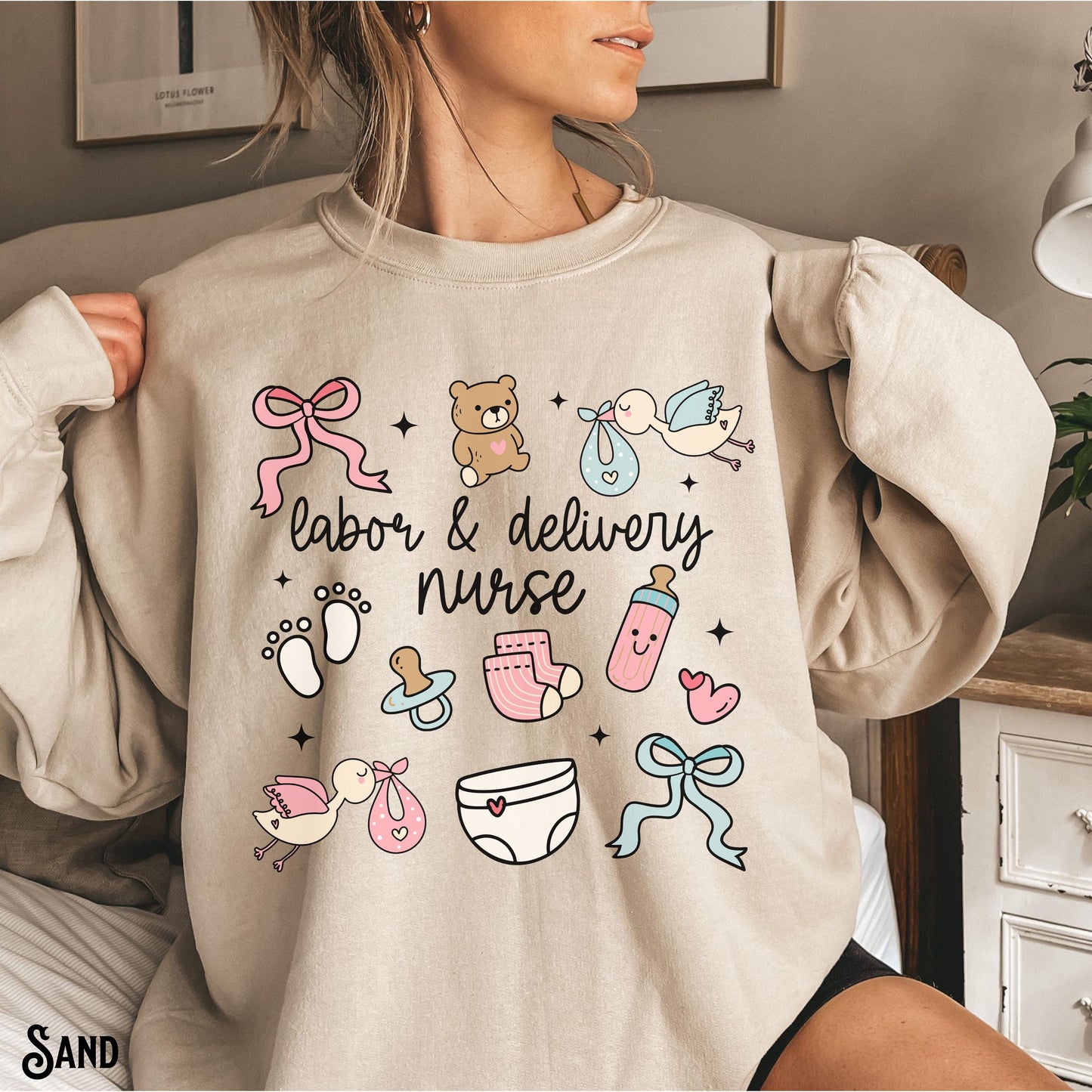 Labor and Delivery Nurse Sweatshirt L and D Nurse Sweater LD Nurse Whimsical Doodle Art Sweatshirt Fleece RN OB Graduation Gift Sweatshirt – Premium Graphic · Great Gift For Fans