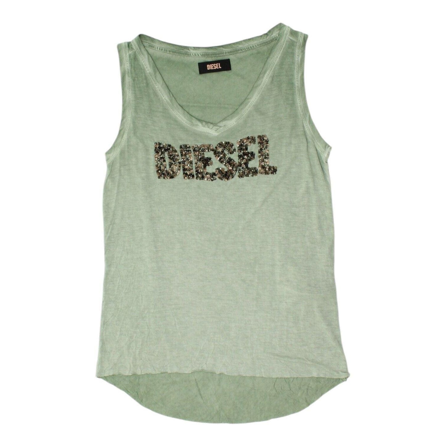 Diesel Womens Tank Top Green Sequin Spellout Logo Designer Sleeveless Vest Tank Top – Warm & Stylish · Must-Have Style