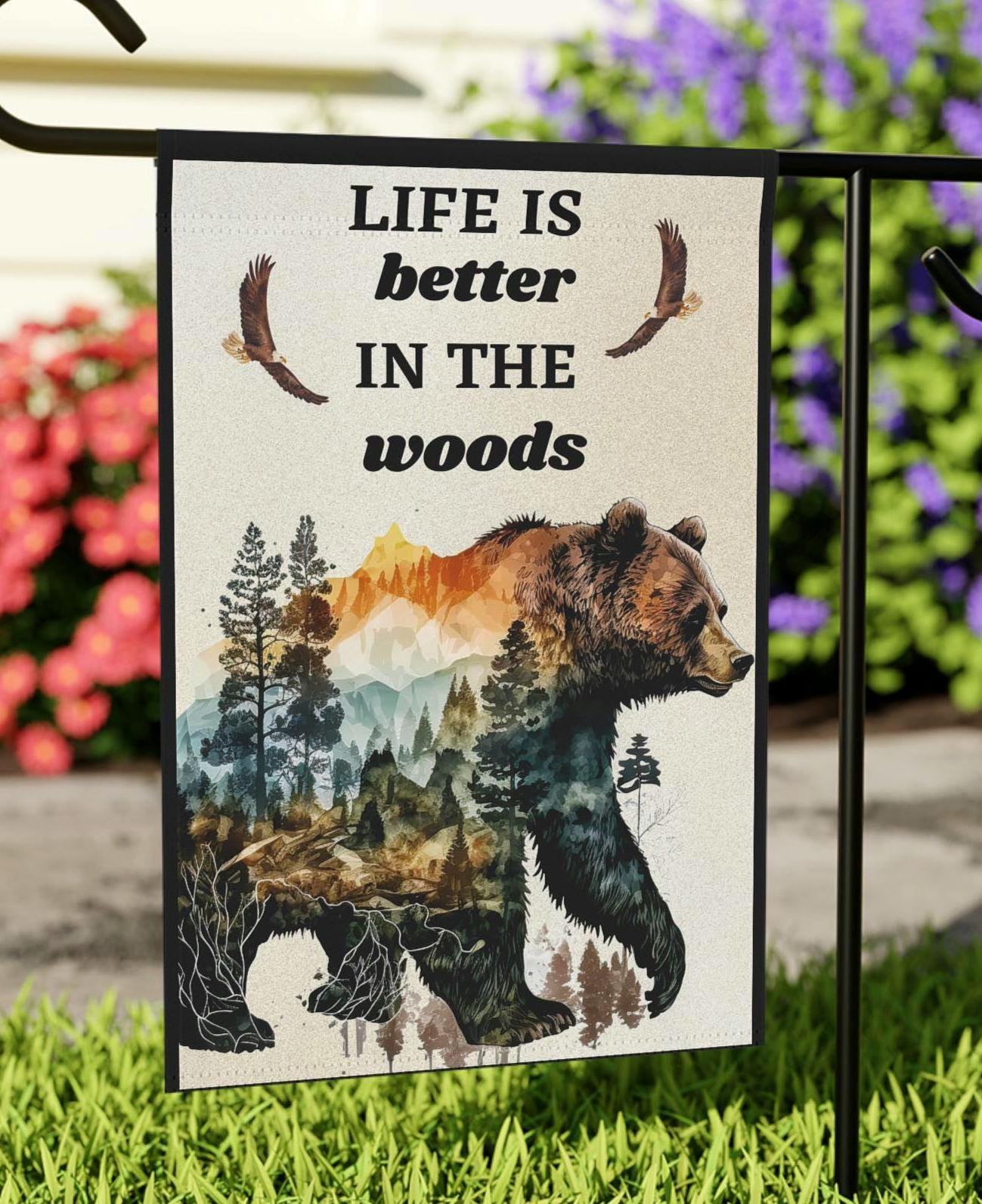 Love The Woods Garden Flag Bear in Outdoors Nature Banner Outdoor Decor Yard Garden Art Welcome Flag Camping Flag Housewarming Gift Graphic Tee – Easygoing Wear · Must-Have Style