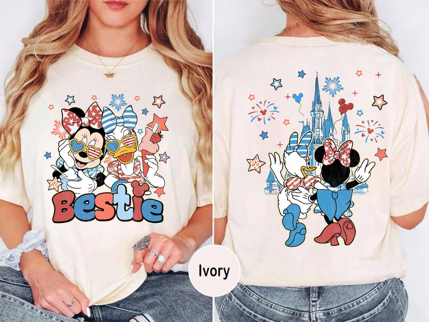 Disney 4th of July Shirt Minnie Daisy Besties Tee Girls Just Wanna Have Fun Patriotic Girls Trip Shirt Fireworks Castle Matching Disney Tee Graphic Tee – Premium Graphic · Must-Have Style