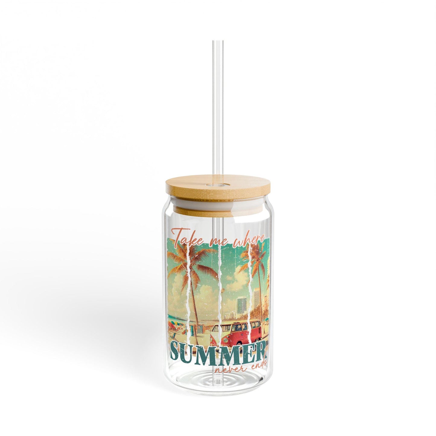 Tropical Summer Sipper Glass Summer Vibes Drinkware Eco Friendly 16oz Mason Jar Beach Party Gift Outdoor Picnic Essentials Graphic Tee – Fan Favorite · High-Quality Print