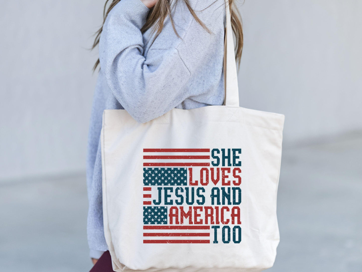 She Loves Jesus Patriotic Tote Bag American Girl Gift Christian Shoulder Bag Memorial Day Carryall Patriotic Gift USA Flag Tote Bag Tote Bag – Fan Favorite · Must-Have Style