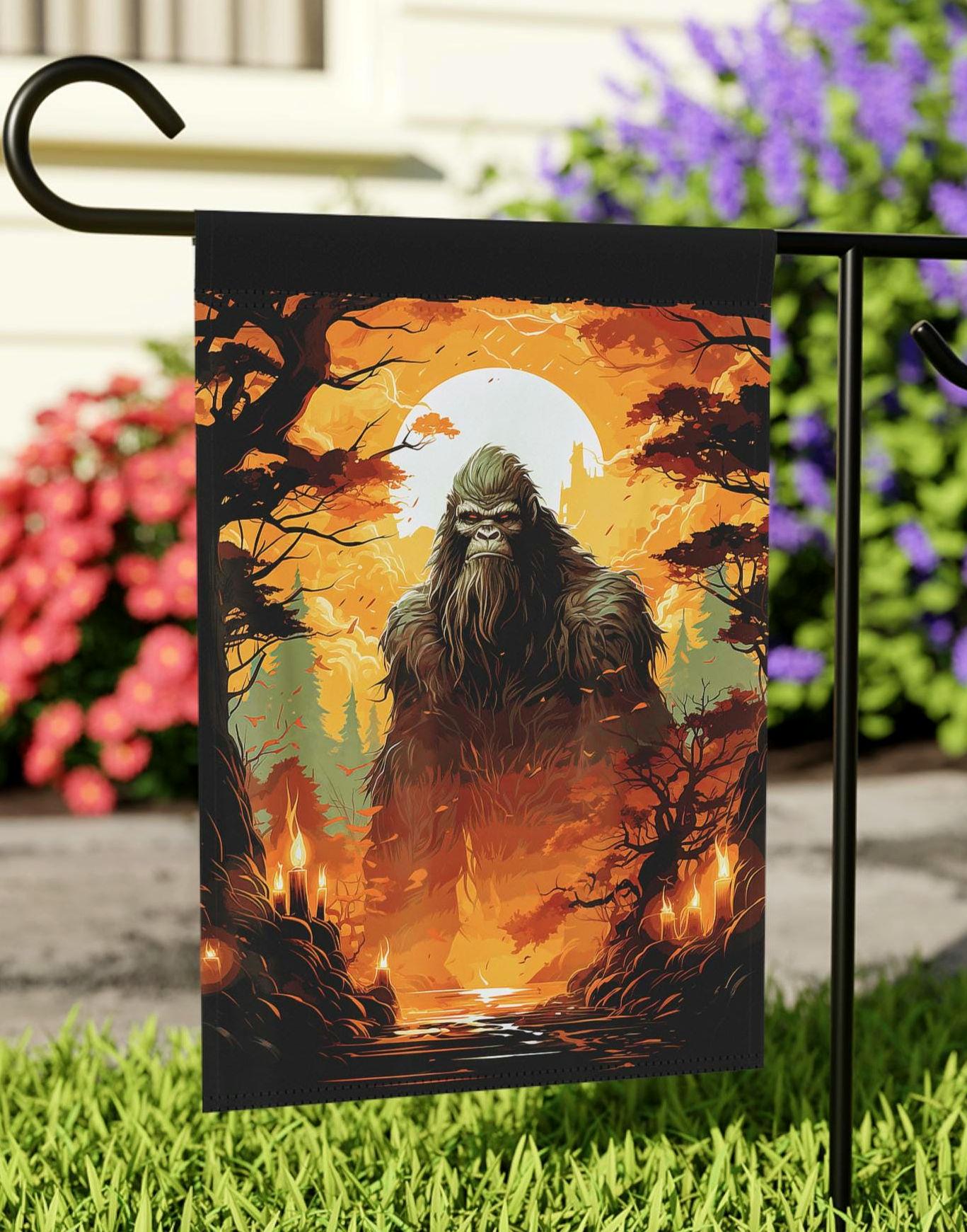 Bigfoot Garden Flag Fun Sasquatch Halloween Banner Cryptid Yard Art Spooky Outdoor Decoration Fall Garden Flag Housewarming Gift Graphic Tee – Warm & Stylish · Trending Graphic Apparel