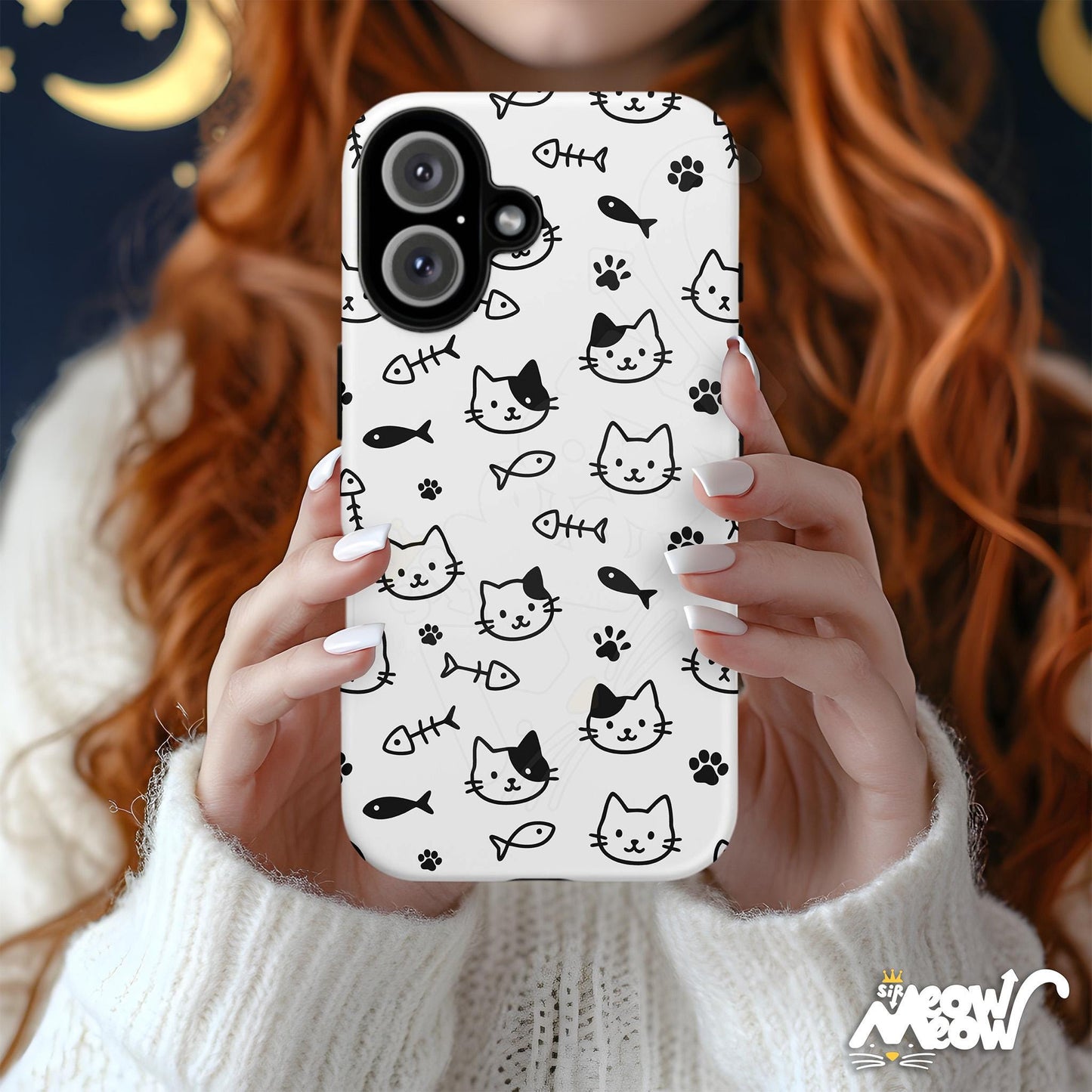 Cute Cat iPhone Case Kawaii Cat Faces and Fish Pattern Black and White Cat Phone Cover Wireless Charging iPhone 16 15 14 13 12 Graphic Tee – Premium Graphic · Must-Have Style