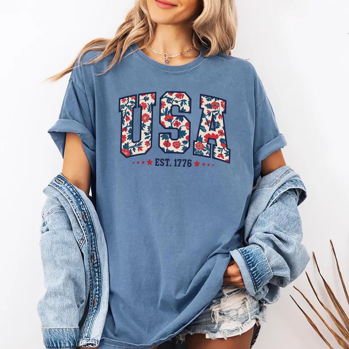 Floral USA Shirt 4th Of July Shirt Vintage Patriotic Shirt America Est 1776 Shirt Retro USA Tee Independence Day Shirt Summer Freedom Shirt Graphic Tee – Easygoing Wear · Perfect For Daily Wear