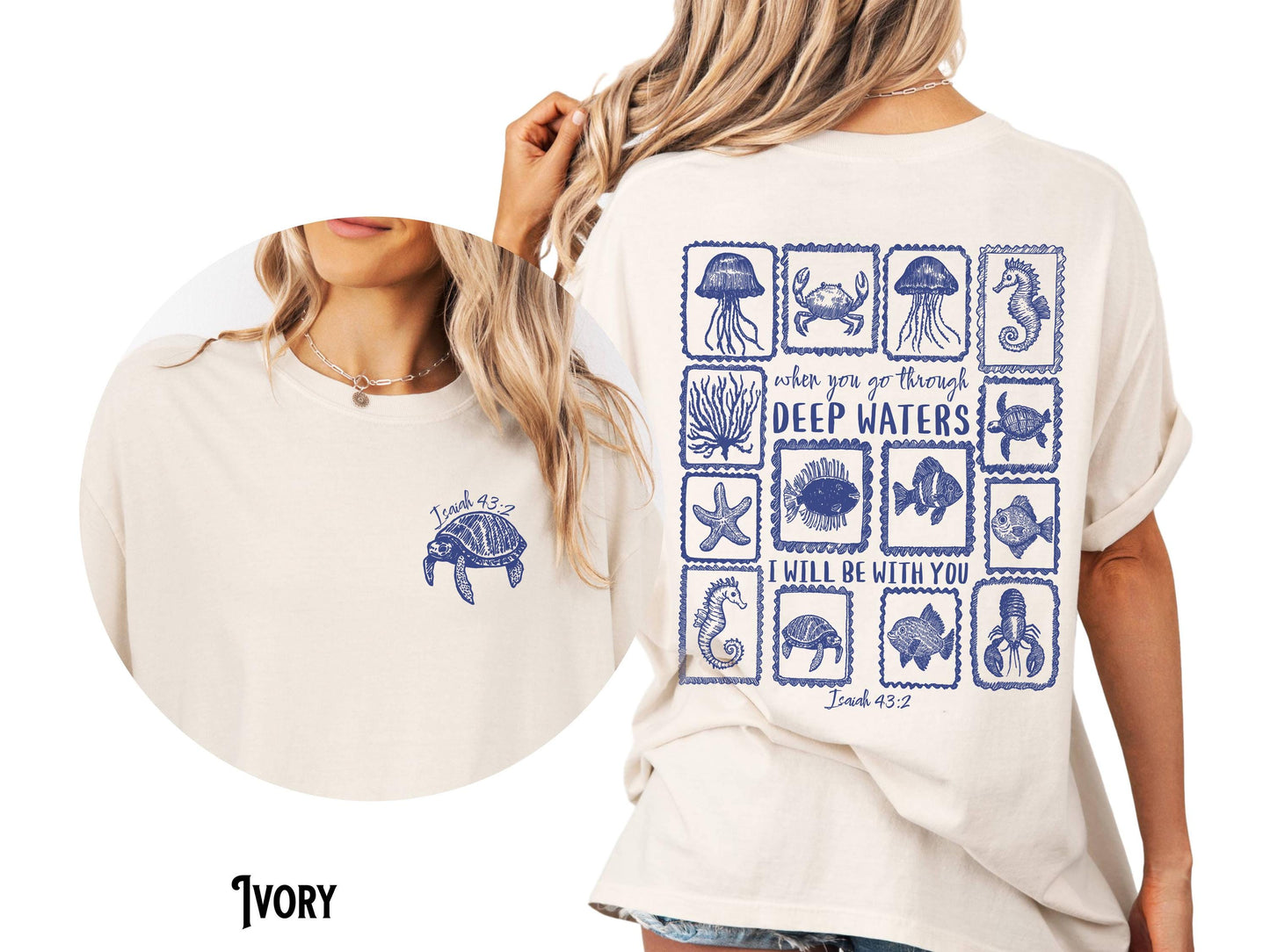 Christian Shirt Christian Tee Ocean Nautical Sea Life Deep Waters Front and Back Faith Doodle Bible Verse Gift Graphic Tee – Easygoing Wear · Must-Have Style