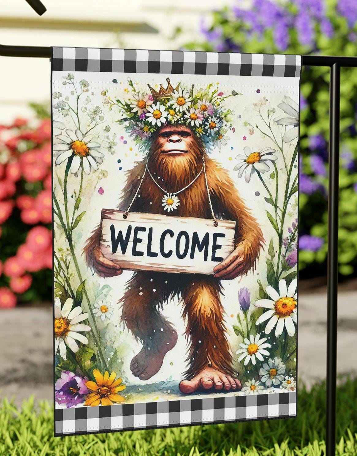 Garden Flag Bigfoot Flowery Welcome Flag Sasquatch Outdoor Yard Banner Floral Garden Decor Yard Art Cryptid Flag Housewarming Present Graphic Tee – Aesthetic Look · Must-Have Style