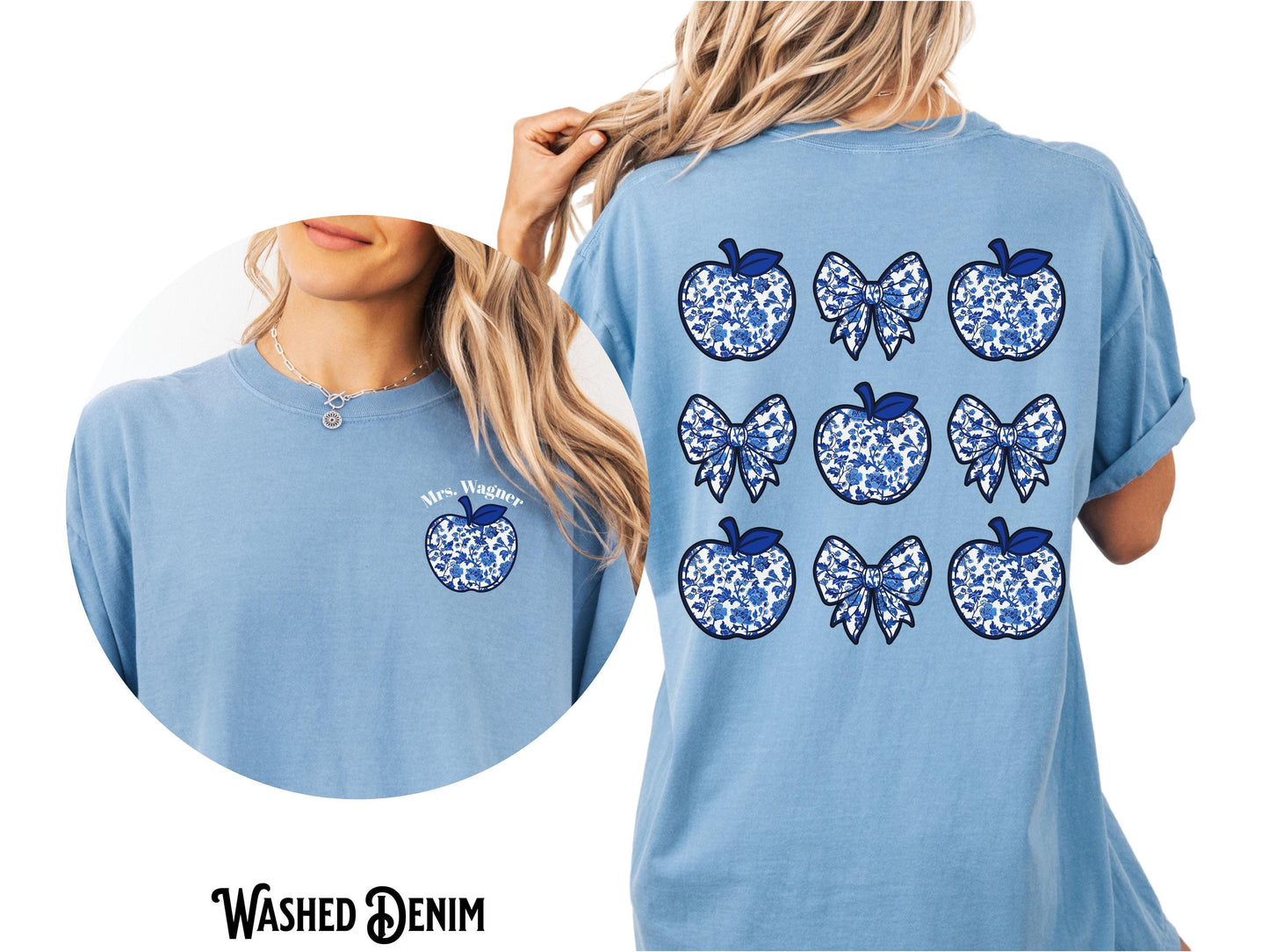 Personalized Teacher Shirt Custom Teacher Tee Toile Chinoiserie Blue Floral Front and Back Name Coquette Apple Gift Graphic Tee – Warm & Stylish · High-Quality Print