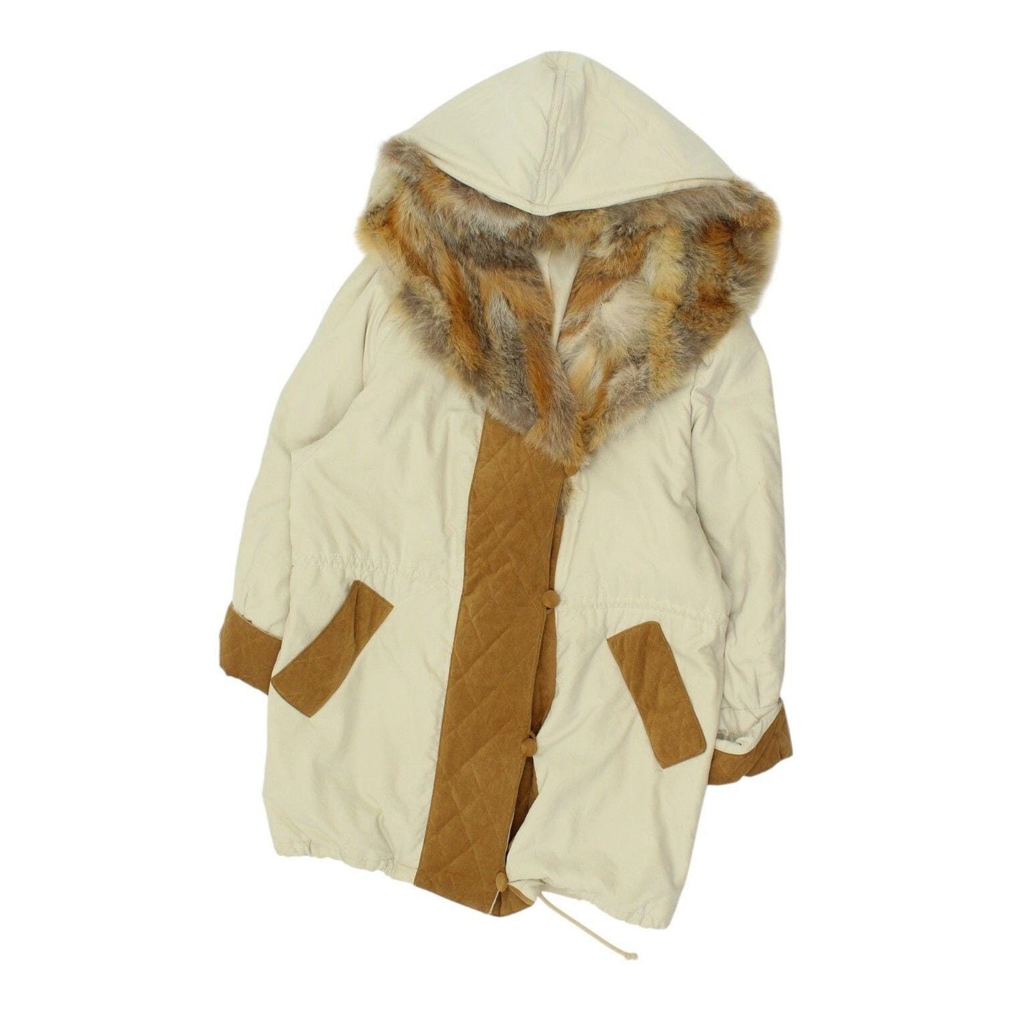 Amaretta Fur Trim Coat Vintage Womens Beige Button Up Outerwear Hooded Jacket Graphic Tee – Warm & Stylish · Top Pick For Any Outfit