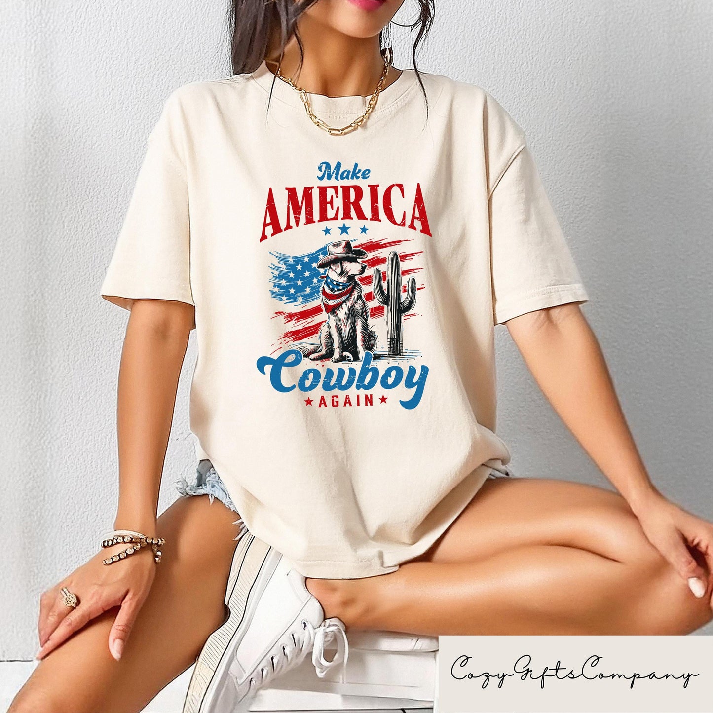 Retro Comfort Patriotic Cowboy T shirt Make America Cowboy Again Shirt Western 4th Of July Gift Dog USA Flag Tee Independence Day Shirt Graphic Tee – Warm & Stylish · High-Quality Print