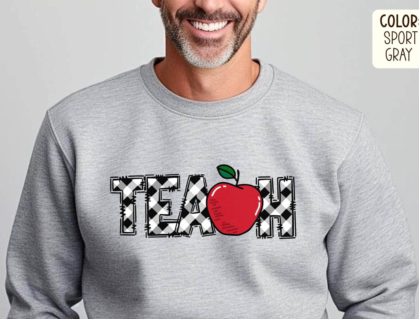 TEACH Sweatshirt Apple Teacher Crewneck Back to School Gift for Teacher Retro Gingham Teacher Sweatshirt Teacher Appreciation Sweatshirt – Bold Style · High-Quality Print