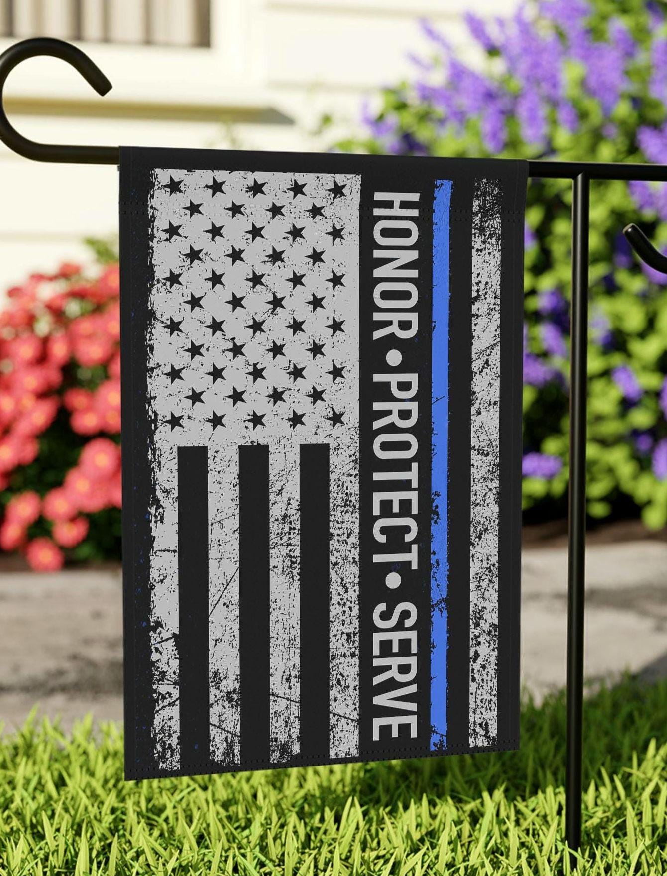 Garden Flag Thin Blue Line Police Support Banner Law Enforcement Yard Art Back the Blue Garden Flag Housewarming First Responder Gift Graphic Tee – Soft Feel · High-Quality Print