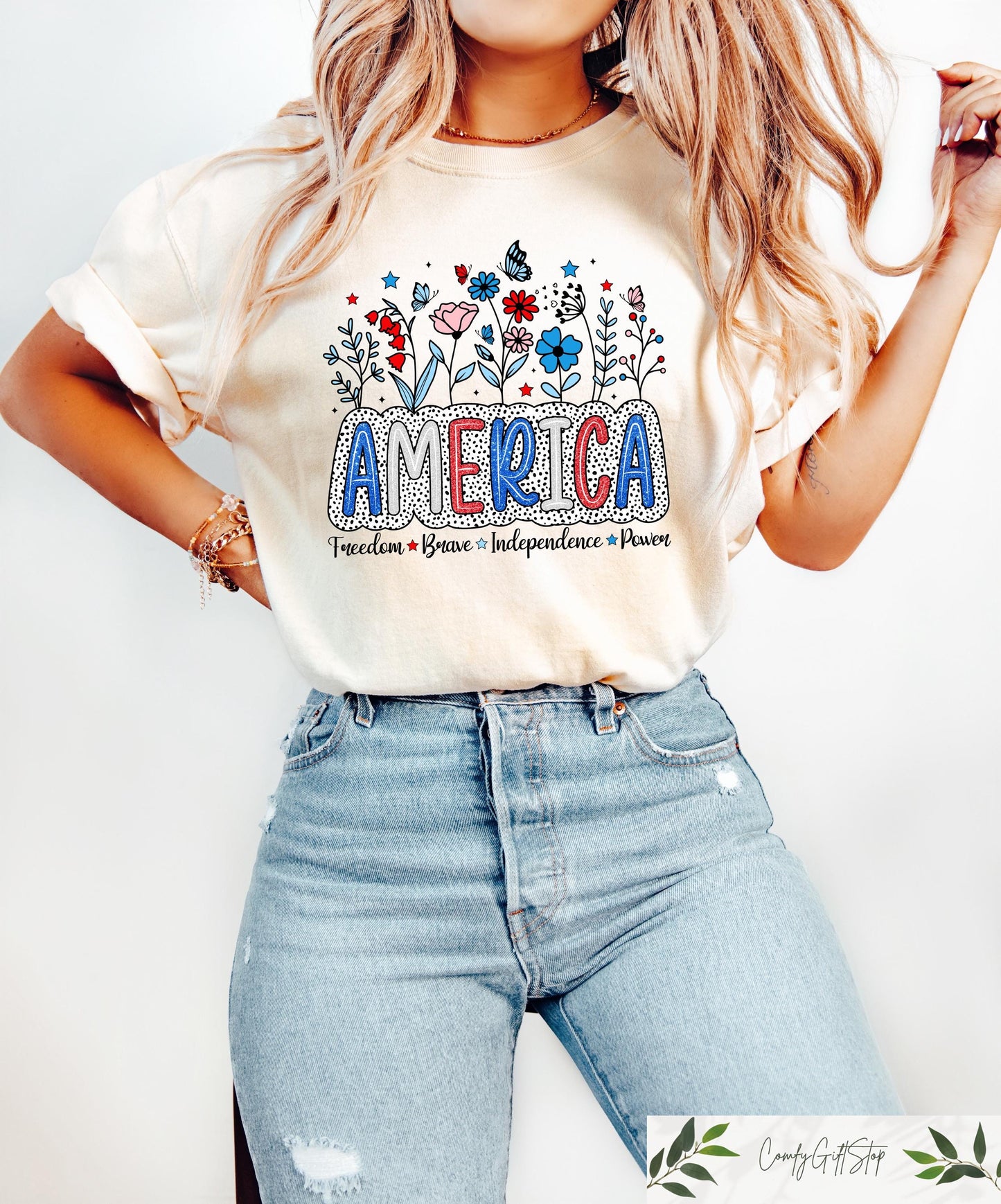 Retro Comfort Wild Flower America Shirt Freedom Tshirt Brave Independence Power Tee 4th Of July Gift Red White Blue Tee Patriotic Shirt Graphic Tee – Warm & Stylish · Must-Have Style
