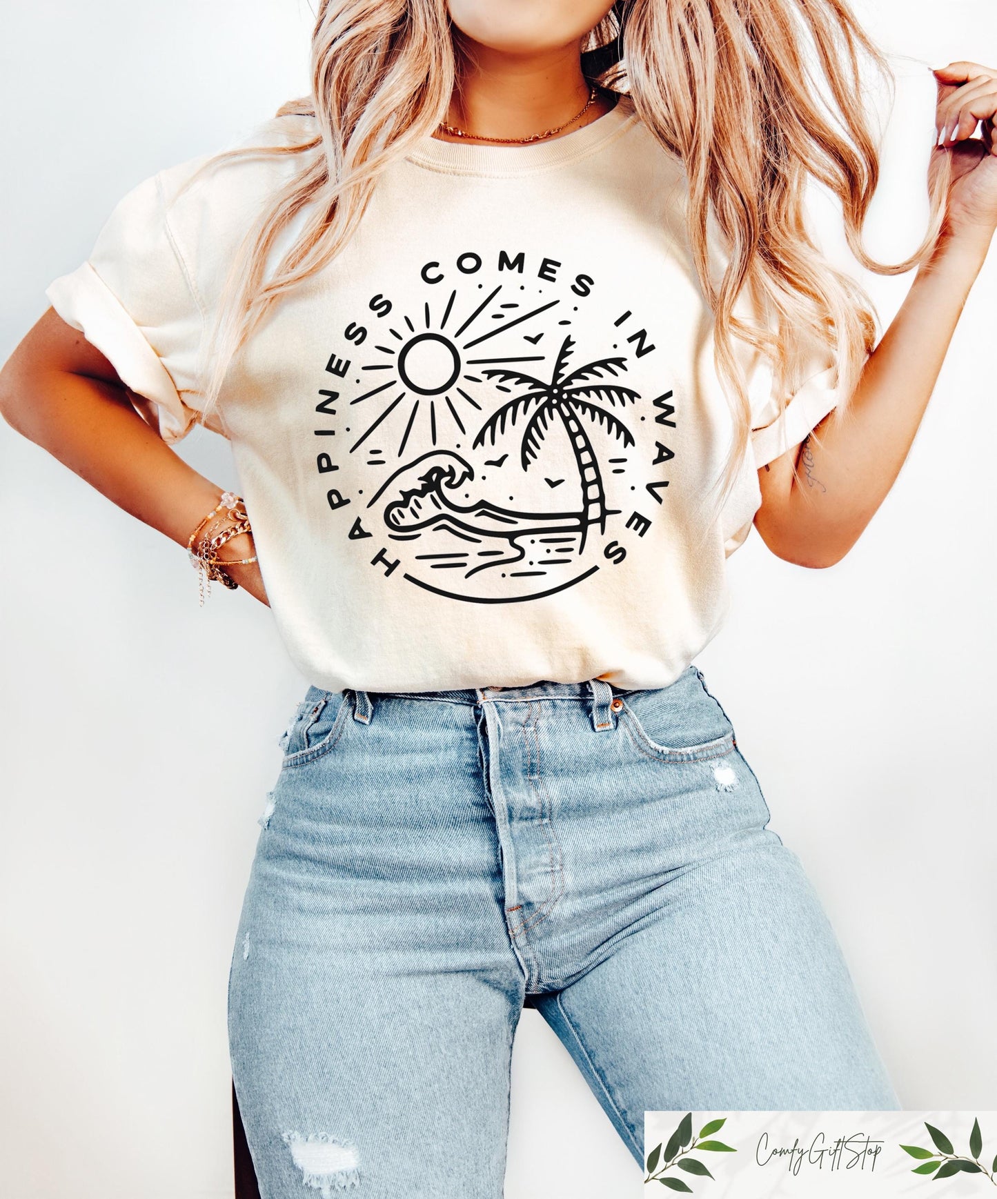 Retro Comfort Summer Tshirt Happiness Comes In Waves Shirt Wave Lover Tee Beach Holiday Gift Surf Vibes Crewneck Summer Vacation Outfit Graphic Tee – Everyday Comfort · Must-Have Style